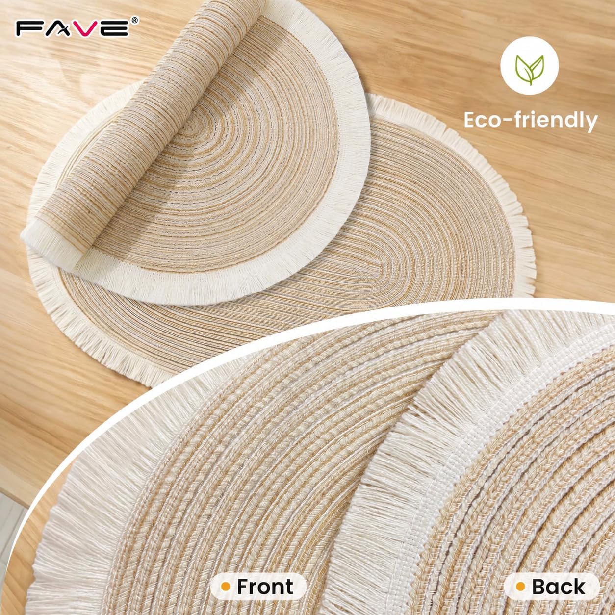 FAVE Boho Oval Woven Placemats Set of 6, Washable Table Mats with Tassels