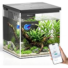 PAWGETHER Smart Fish Tank, 2.4 Gallon Glass Aquarium with App Control, Betta Nano Tank Wireless Quiet Pump 5-Stage Filtration Water Flow Lighting Timers 11-Color Temp Monitor for Desk Home Office