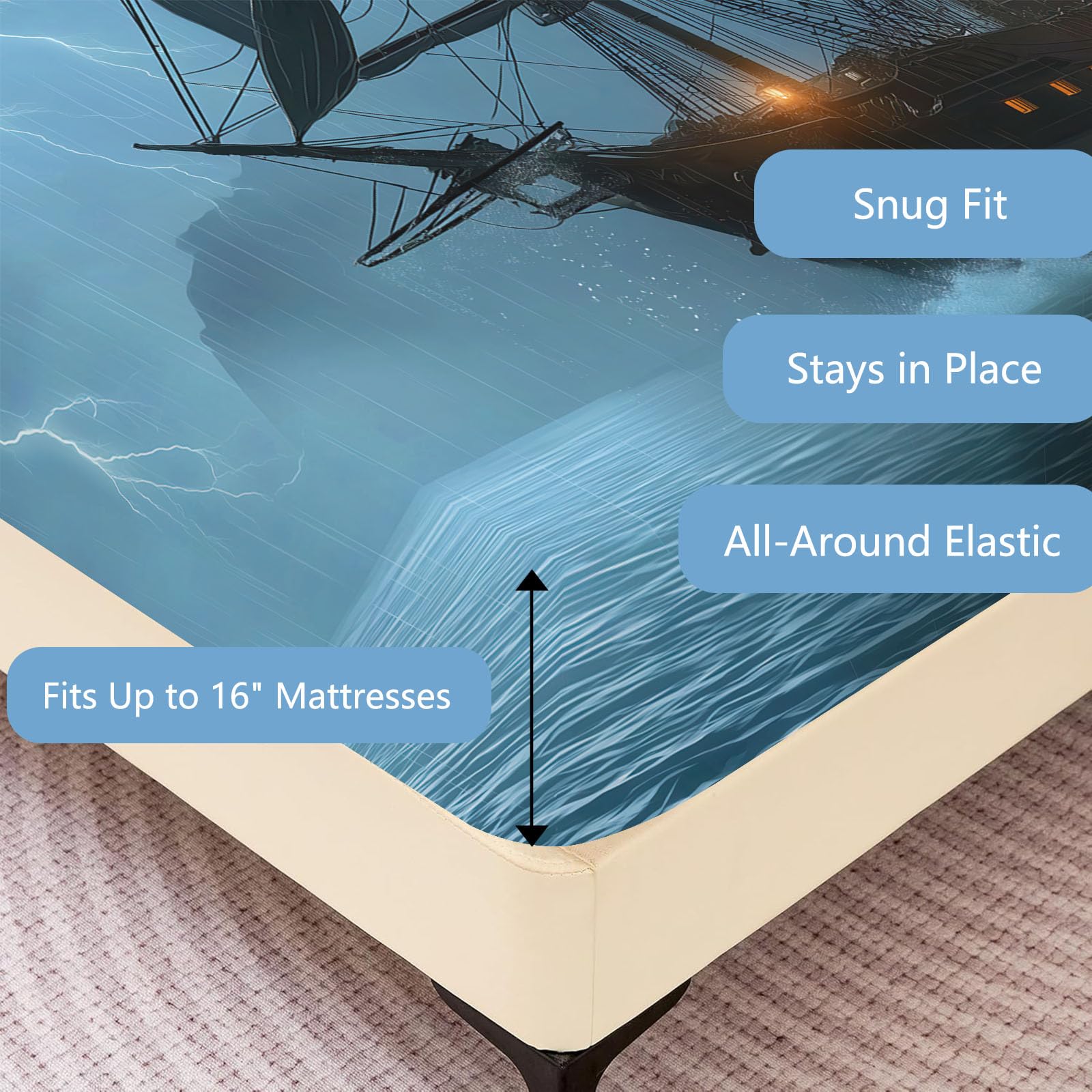 Fantasy Nautical - Juego de sábanas bajeras de microfibra de 180 x 200 cm, tamaño Super King, sábana bajera ajustable decorativa, suave, transpirable, resistente a la decoloración, con bolsillo