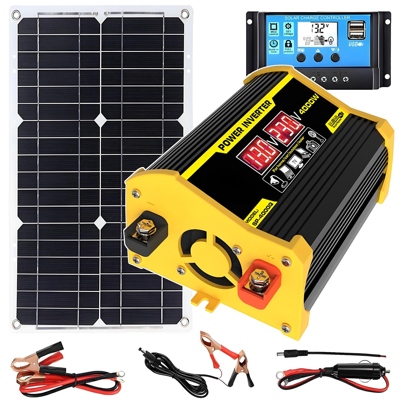 Solar Kit 12V Komplettset Mit 400W-Auto-Wechselrichter/30A-Solarladeregler/18W-Wasserdichter Solarstrom, Für Den Einsatz Im Freien in Autos, Wohnmobilen Und Booten Yellow-220V