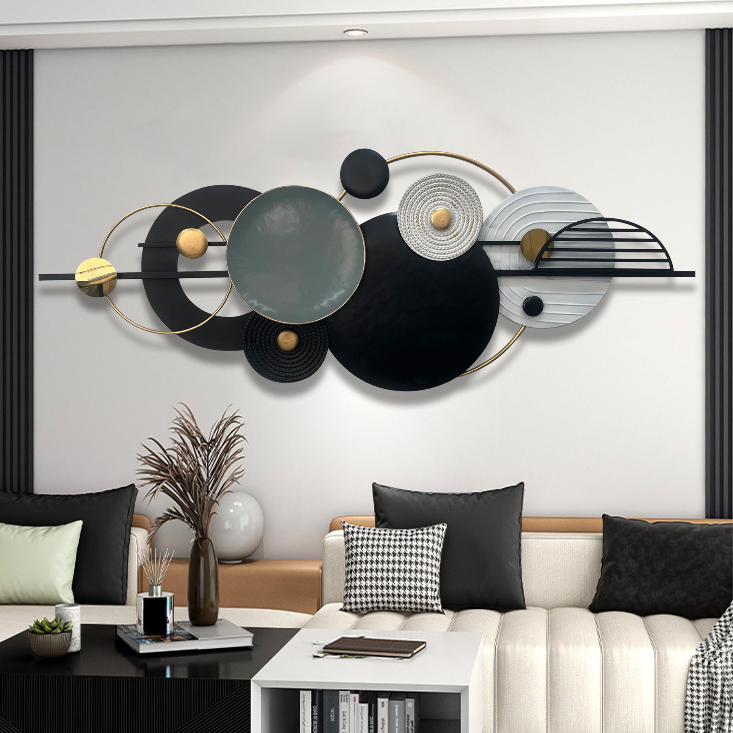 Modern Abstract Metal Wall Art,Large 59×22 Inches Wall Sculptures, Geometric Circles Design Minimalist Décor, Gold Black White, Wall Décor for Living Room Bathroom Bedroom Dining Room