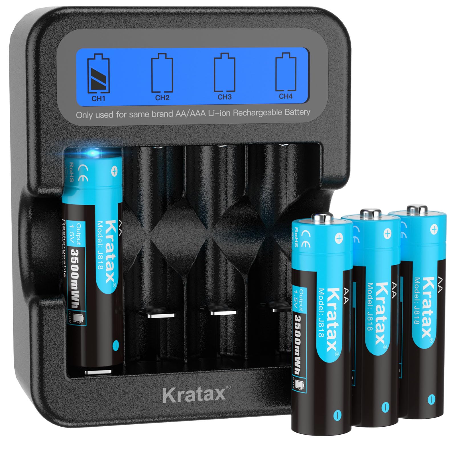 Sponsored Ad – Kratax AA Rechargeable 1.5V Lithium Battery，4 Pack Li-ion AA Batteries with LCD Charger，3500mWh High Capacity，3A High Current Output，1.5V Constant Output，1600Cycles Long Lasting,Home&Office Use