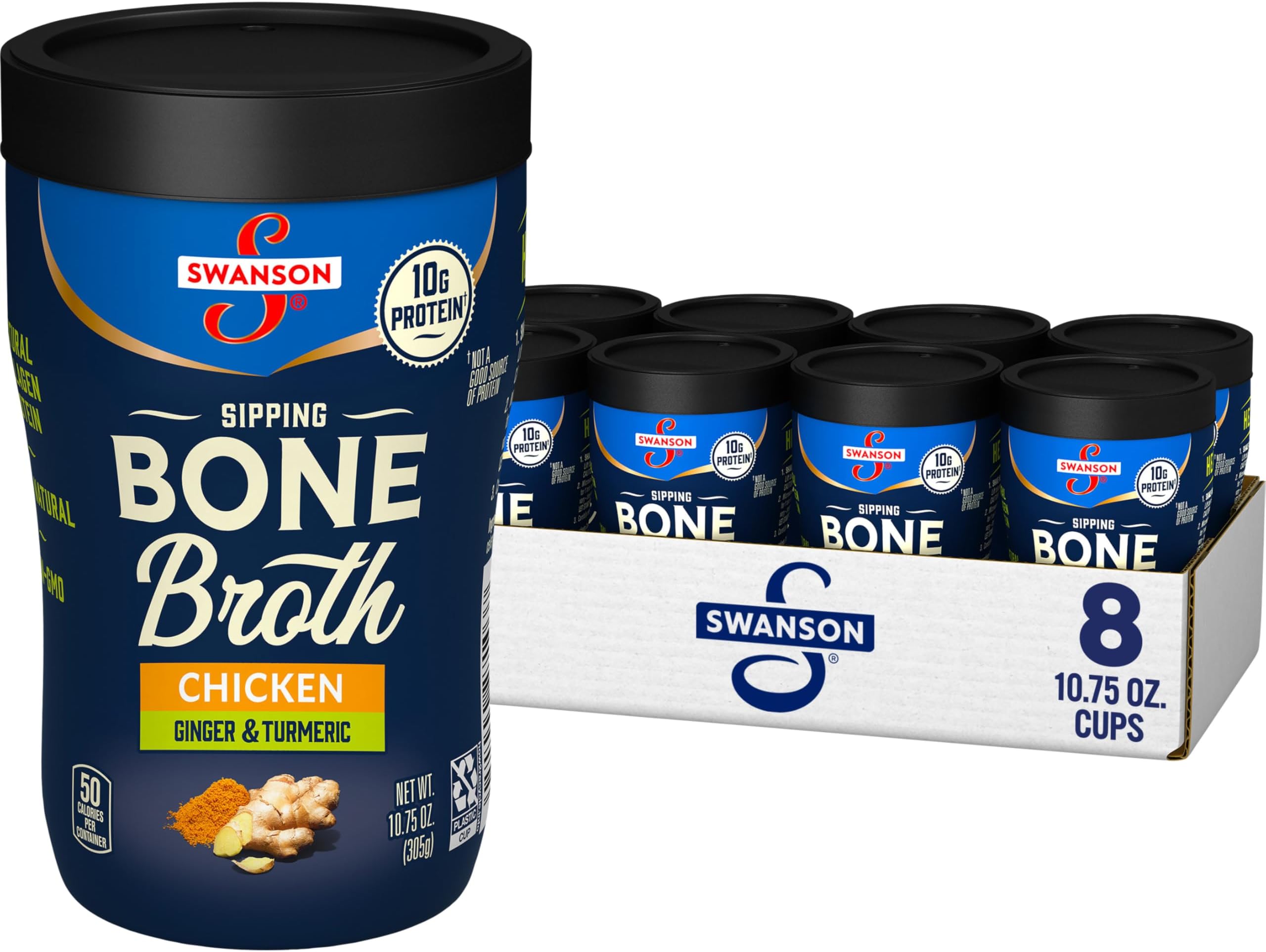 Swanson Sipping Chicken Bone Broth With Ginger and Turmeric, 10.75 oz Microwavable Cup (8 Pack)