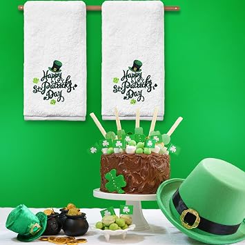 FUTBU St Patricks Day Hand Towels Set of 2, Green St Patricks Day Bathroom Decor Embroidered Shamrock Pattern, St Patricks Soft Dish Towels for Kitchen Bath 14x30 Inches 100% Cotton
