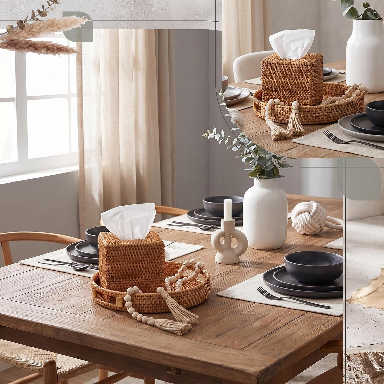 Mumufy Rattan Round Serving Tray 11.8 Inch Rattan Tissue Box Cover Square Farmhouse Beads, Coffee Table Decor Ottoman Hand Woven Serving Basket with Handles for Homes, Dining Rooms, Tea Rooms, Cafes image 5