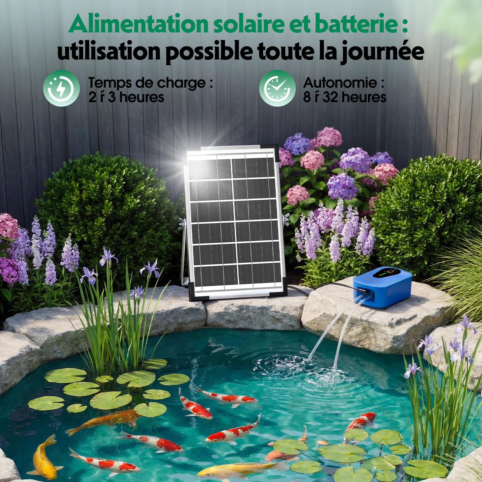 AMZtime 8 W Pompe à oxygène à Double Pompe, Pompe à oxygène Solaire avec Batterie, 3 Modes et 4 Pierres à Bulles, adaptée aux bassins de Jardin, à la pêche et à la Culture hydroponique