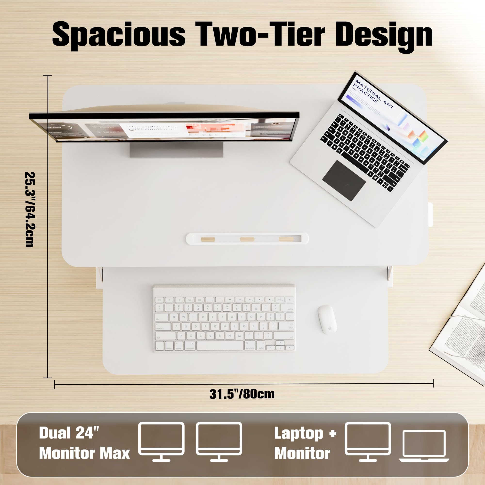 ERGOMAKER Convertitore da Scrivania In Piedi con Vassoio della Tastiera, supporto per scrivania 80 x 40 cm, con due monitor，Noir