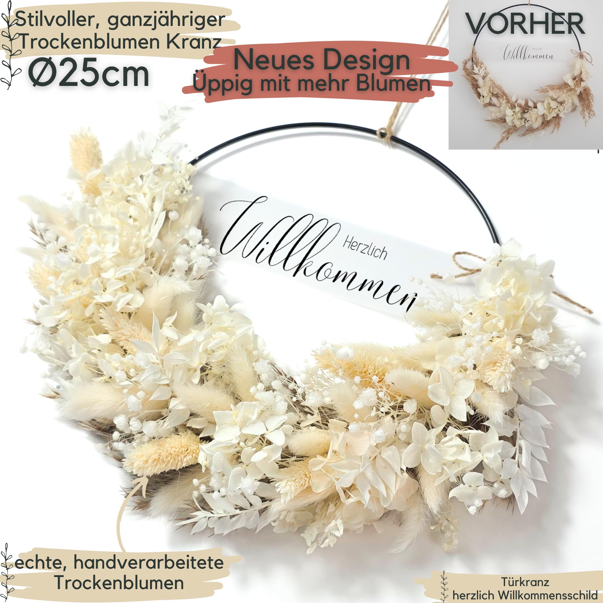 Türkranz Aus Premium Trockenblumen Und Eucalyptus Mit Willkommen Schild - 30 Cm Boho Deko Für Tür, Wand & Fenster