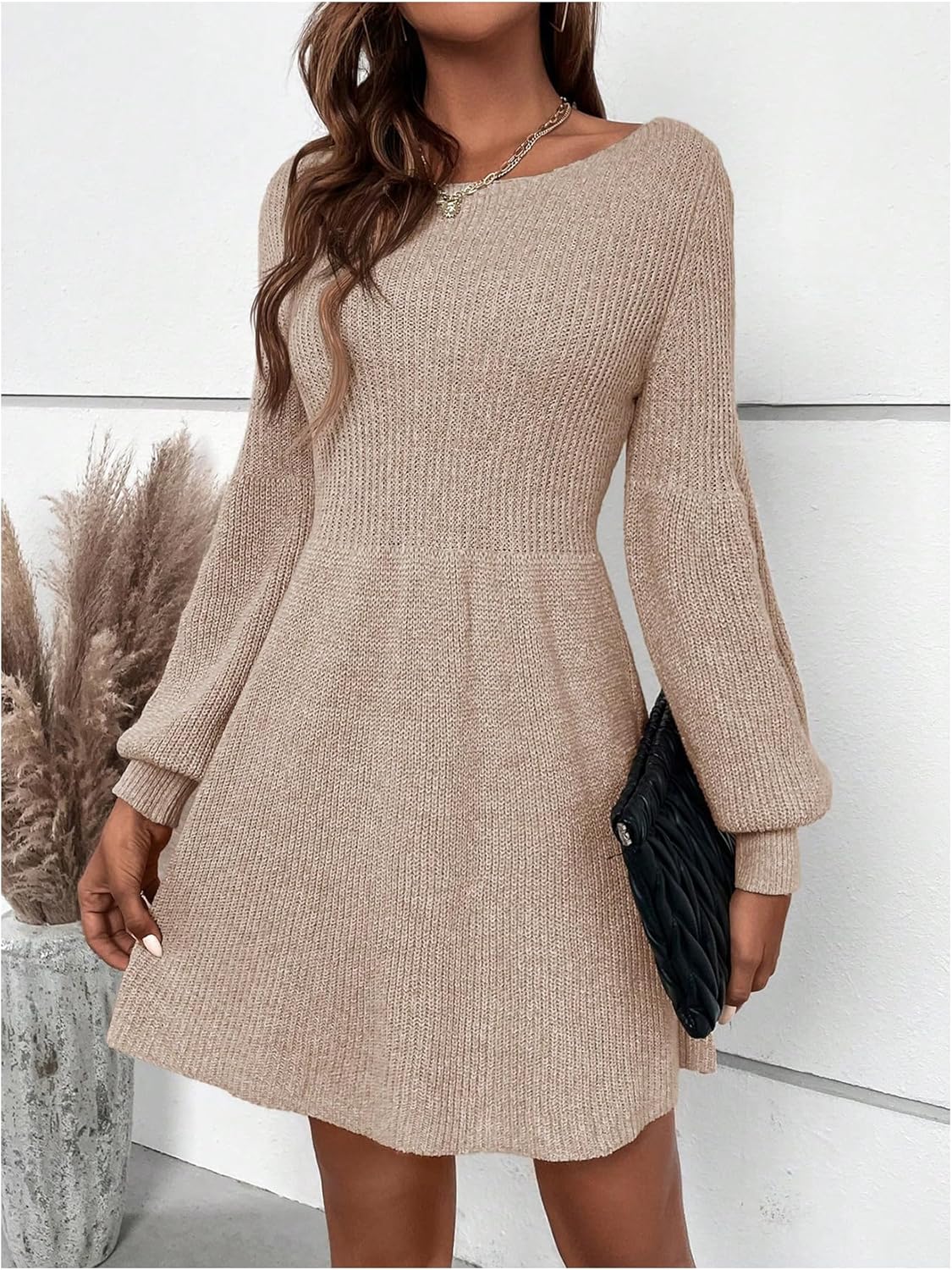 SOLY HUX Women's Lantern Long Sleeve Mini Dress Crew Neck High Waisted Elegant Knit Sweater Dress - Image 5