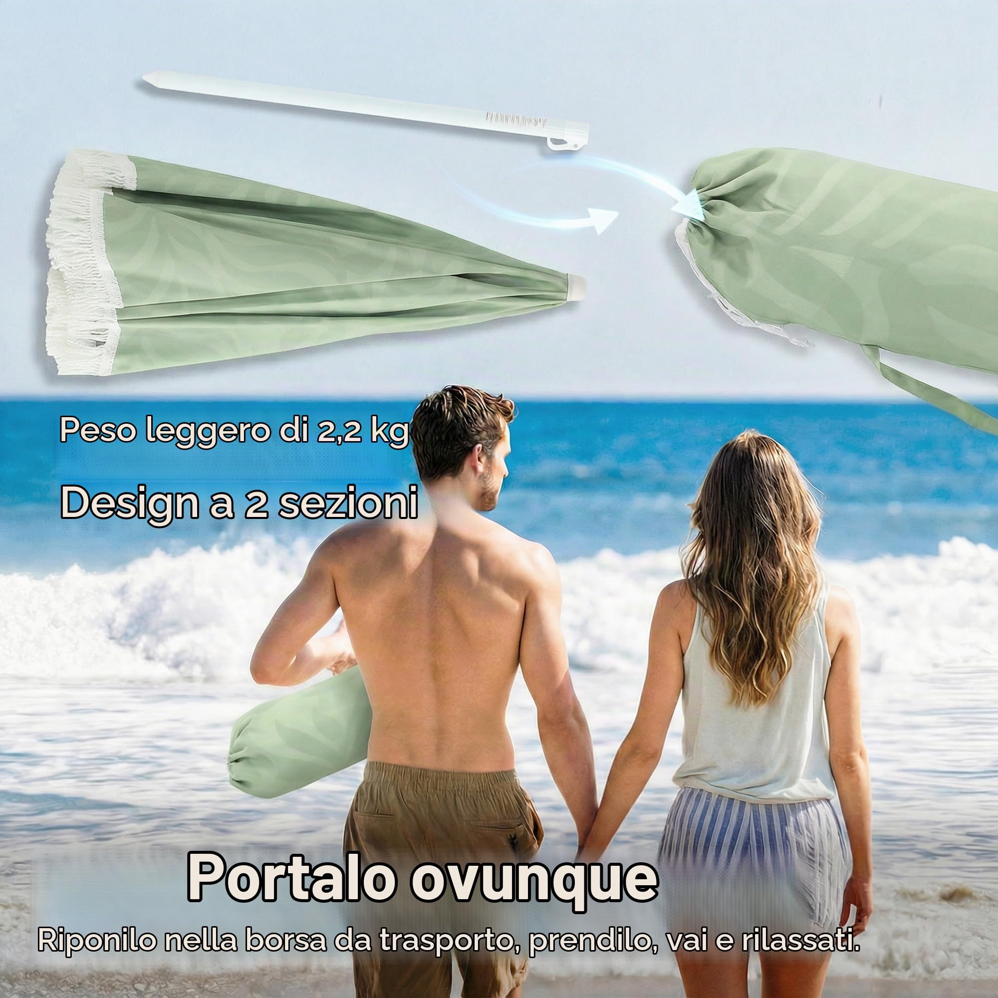 Outsunny 1.8 m Ombrellone spiaggia con ancora sabbia, portatile verde | Inclinazione 30°, Parasole frangiato, Ombra patio, Altezza regolabile, Borsa trasporto, Protezione UV, Motivo foglia