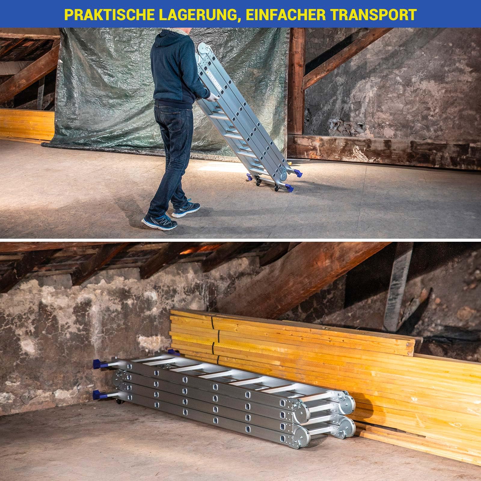 Gelenkleiter Stavalance 4x6 Aluminium Multifunktionsleiter 4x6 Stufen - 6,8 m Länge klappbar - Leiter 4-teilig bis 150 kg - Gelenkleiter Klappleiter Stehleiter Aluleiter