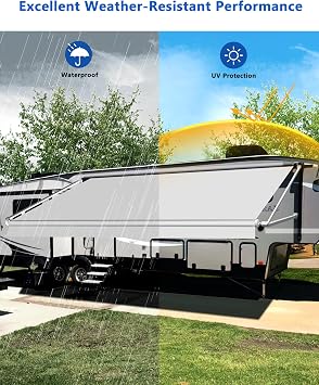 RV Awning Fabric Replacement, 19.5oz Heavy-Duty Weatherproof Vinyl Camper Awning Replacement Universal Outdoor Canopy for RV, Motorhome, Trailer Awnings (White, 19'(Fabric 18'2))
