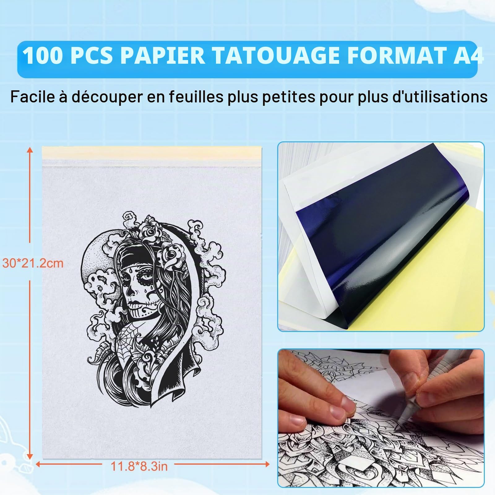 100 Feuilles Papier de Transfert de Tatouage, A4 Papier Thermique Papier, Transfert de Tatouage pour Imprimante