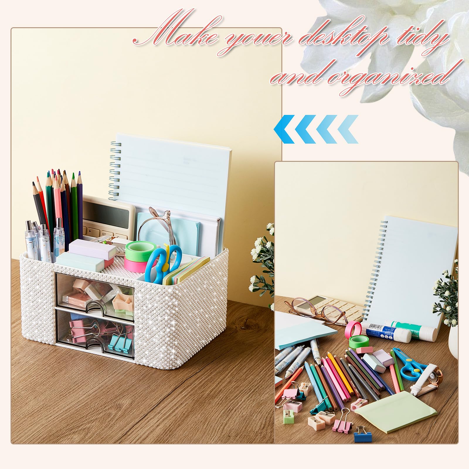 MotiMind Organizzatore da scrivania con 2 cassetti, decorazione per la stanza, regalo per adolescenti, ragazze, donne, compleanni, trucchi, per piano di lavoro, cura della pelle, scrivania, portapenne