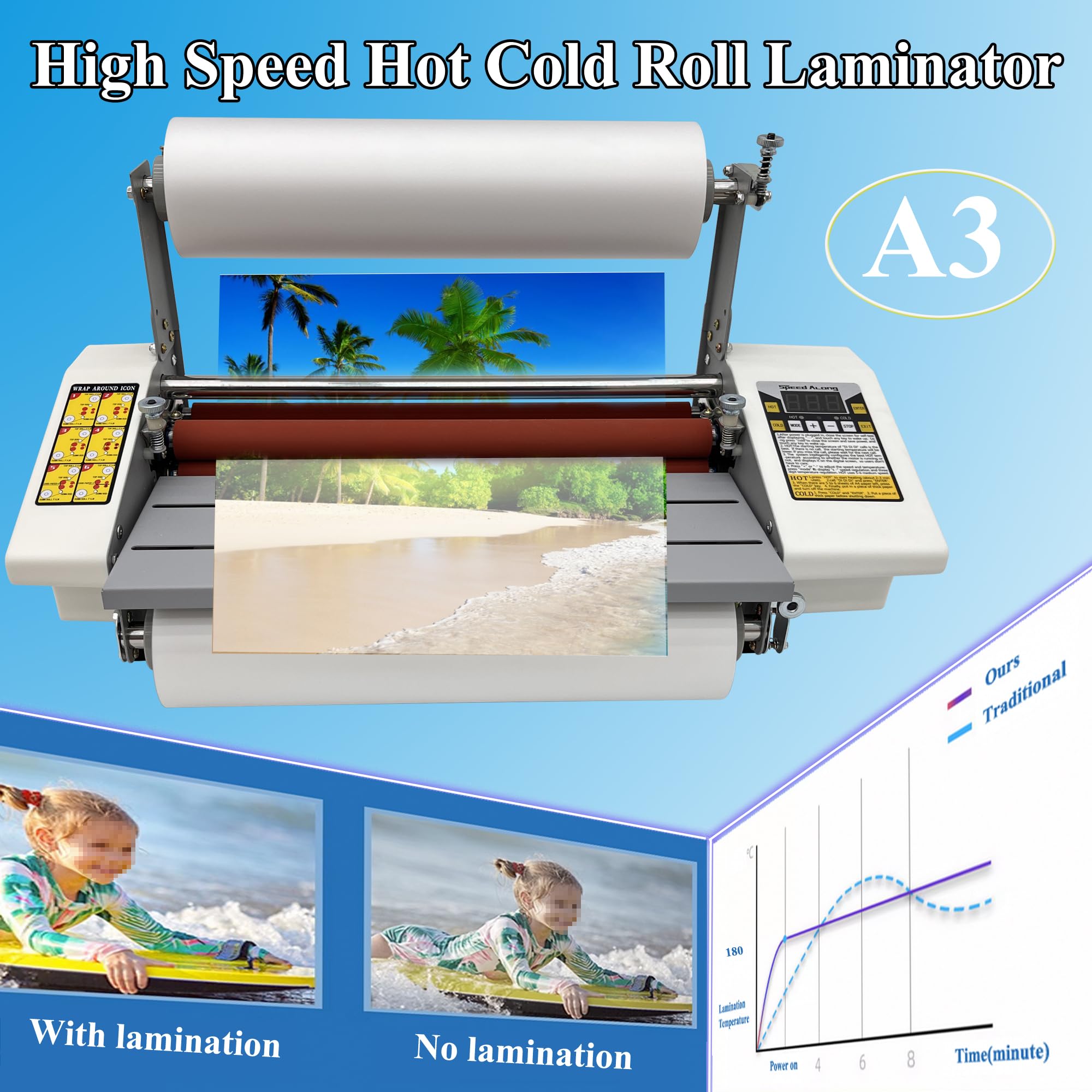 HQHAOTWU Roll Laminator Hot Cold Roll Laminator Single and Dual Sided Four Rollers Digital Control Thermal Hot/Cold Roll Laminating Machine A3 13in Intelligently Controls 110V for Commercial Home Use