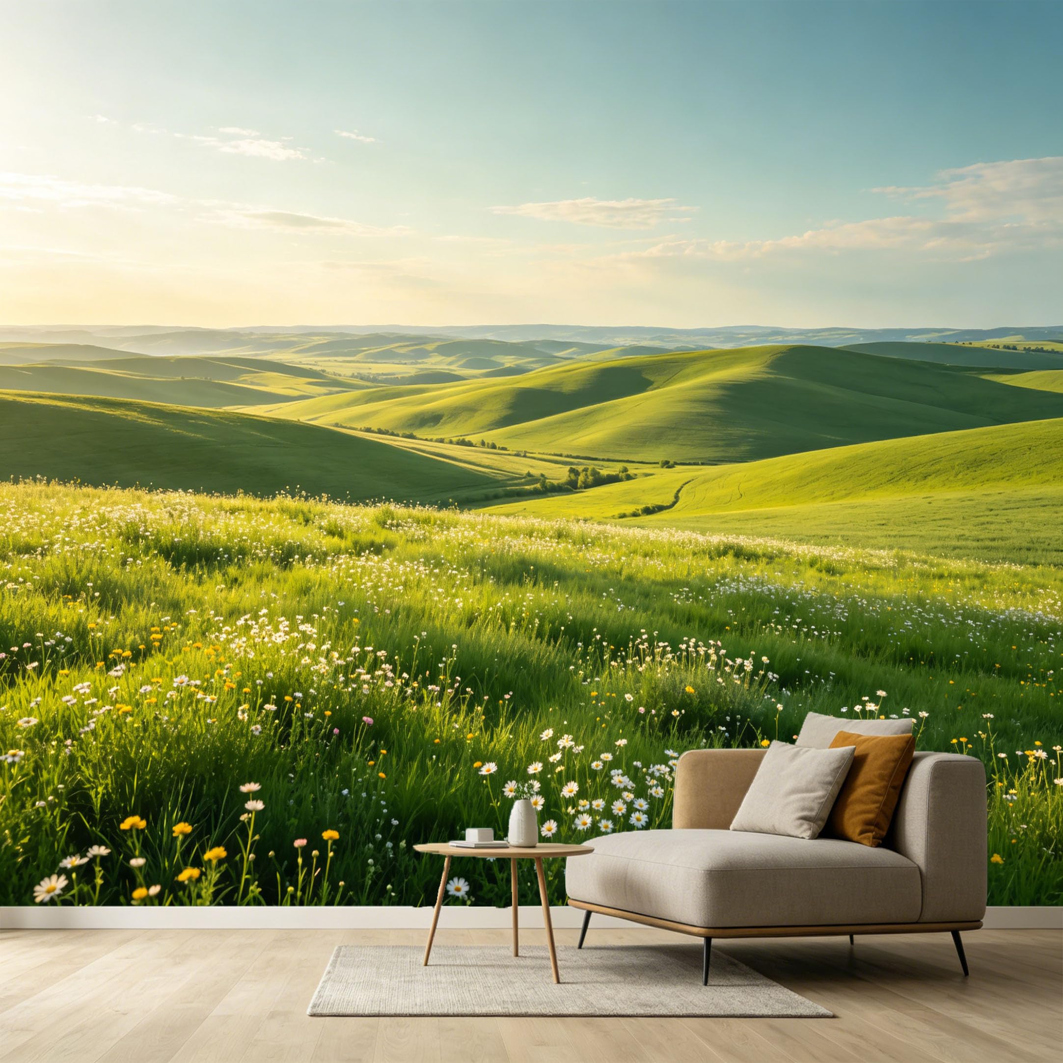 Custom Size Wall Murals Rolling Hills Landscape Botanical Sunlit Meadow Wildflower Floral Field SelfAdhesive Wall Fabric Removable Large Wallpaper for Photo Living Room