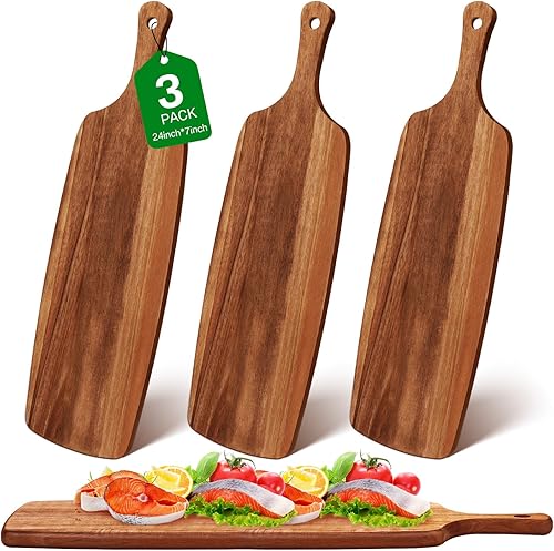 Kathfly 3 tablas de cortar de madera de acacia con mango láser de madera para servir charcutería para verduras, carne, pizza, queso, pan de frutas