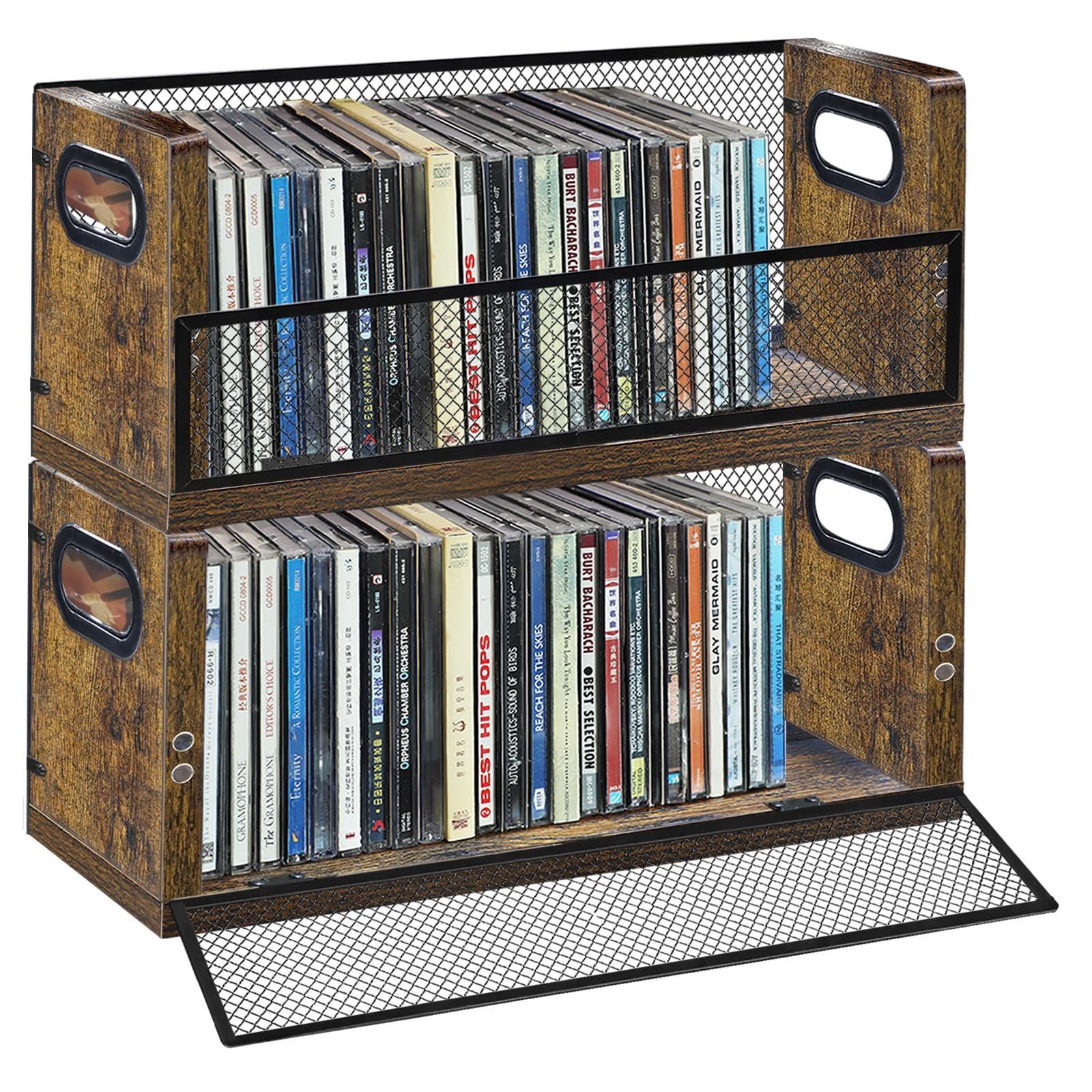PUTNATRURE CD Storage Rack, 2 Pack Shelves Hold 76 CD Cases, Stackable CD Tower with Magnetic Opening Door for Easy Access, Desktop Music Organizer for Home and Office