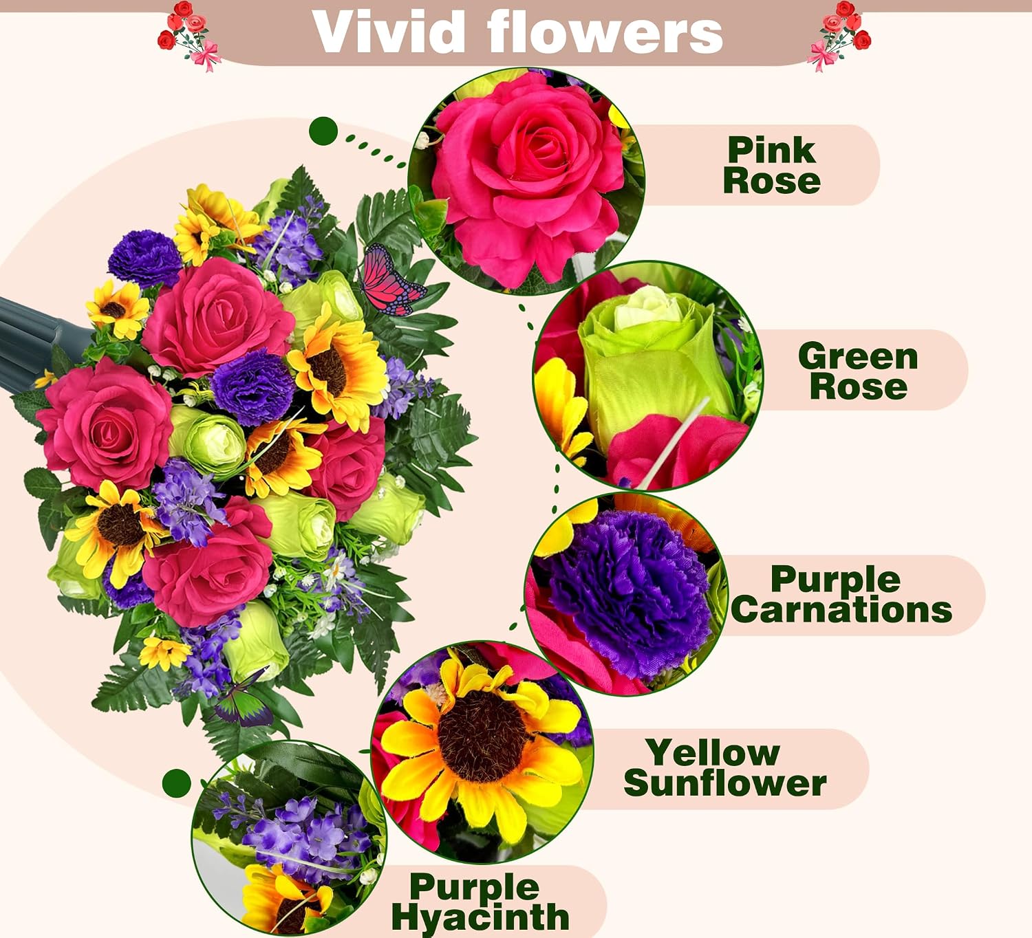 SUHOOKOO Grave Flowers for Cemetery,Colorful Memorial Silk Bouquet with Vase for Graveyard Decor,Easy Fit