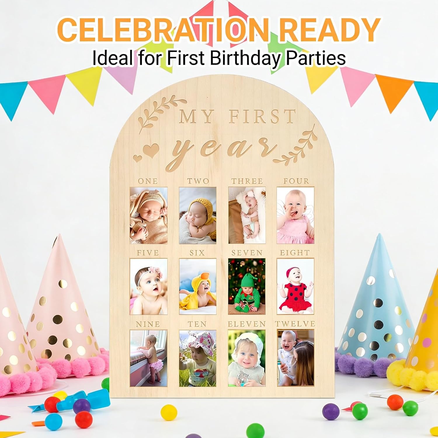 Baby First Year Photo Board, Natural Wood, 16x12 Inches, Monthly Photo Display, Modern Farmhouse Style, Arch Shape, Tabletop Frame, Baby Photo Display, 12 Photo Slots