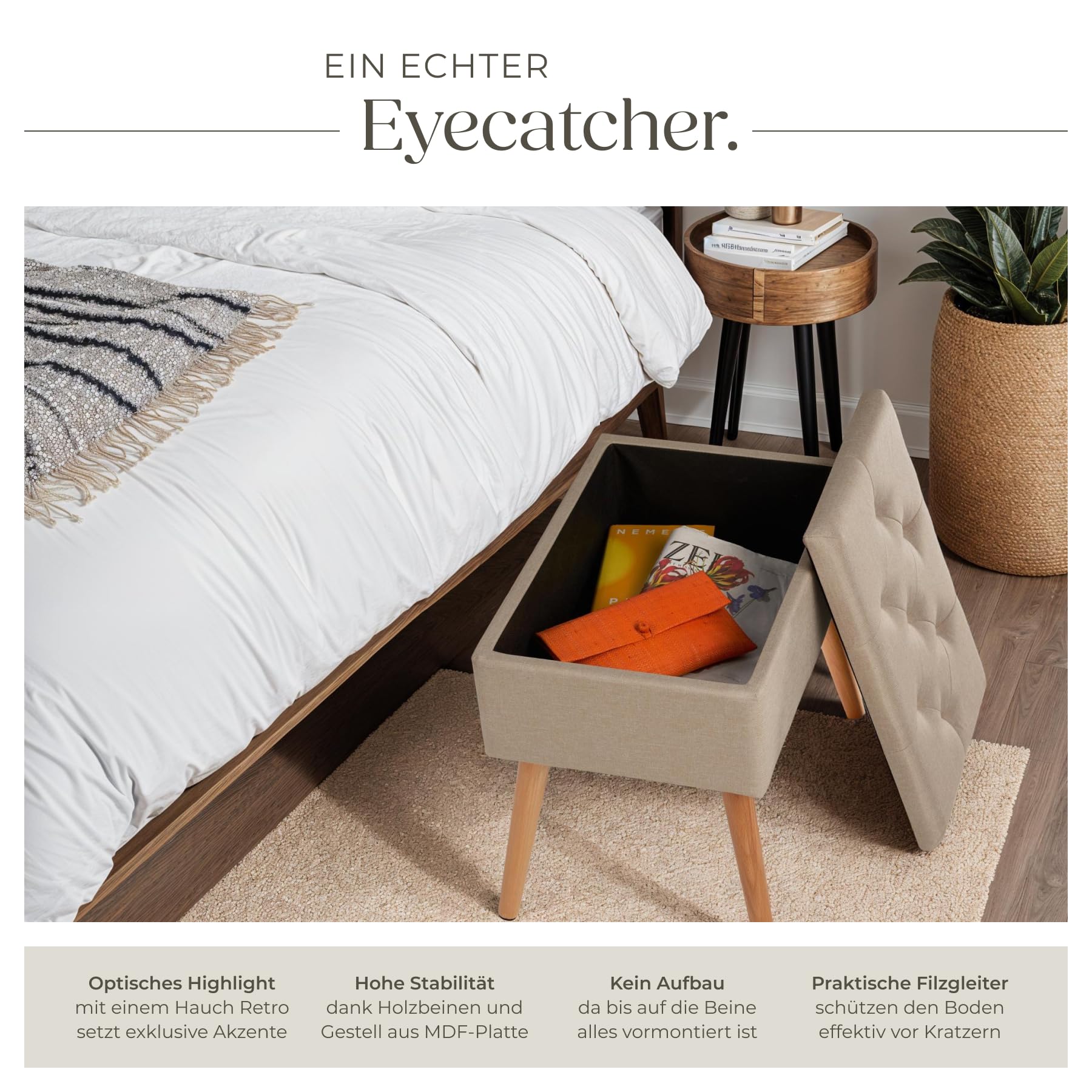 tectake® Hocker mit Stauraum, Sitzhocker mit Stauraum, Aufbewahrungsbox mit Deckel, Fußhocker in Leinenoptik, Hocker Holz Beine, als Sitzbank Flur, im Wohnzimmer oder Schlafzimmer - Sand