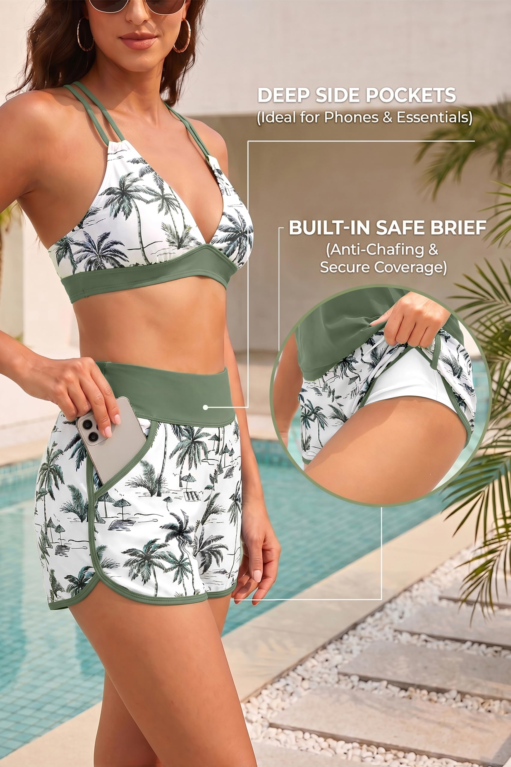 Daci 3-teiliger Tankini-Badeanzug für Damen, Bauchweg-Tanktop mit BH, bescheidener Badeanzug mit Taschen, Boyshorts, Unterteil 2025