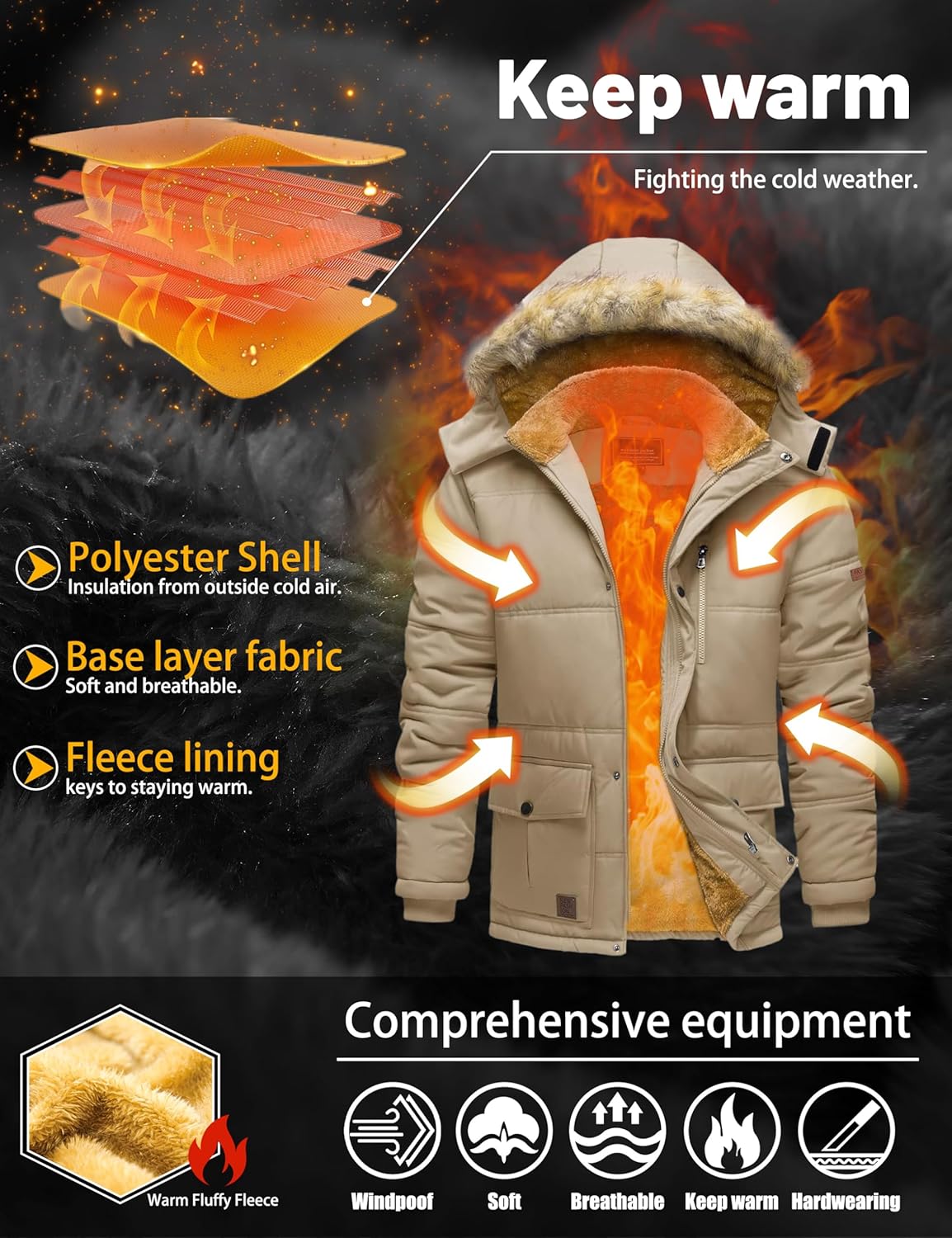 TACVASEN Men's Winter Jacket with Hood Water Repellent Windproof Thicken Parka Winter Coat - Image 4