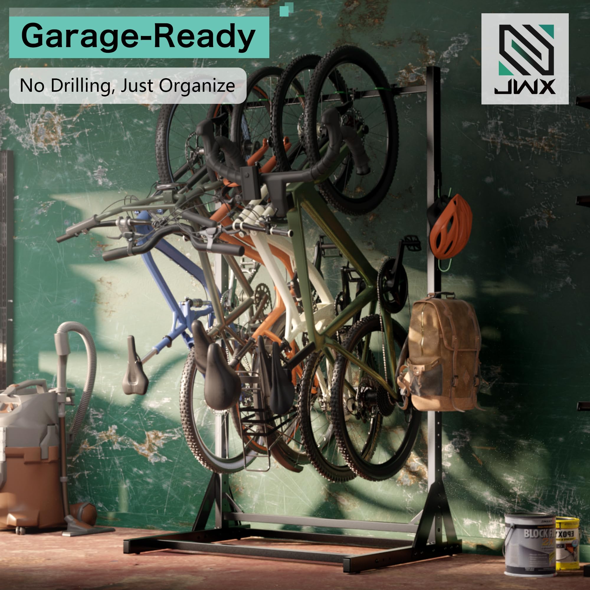 JWX Freestanding 5 Bike Rack, Heavy Duty Floor Bike Stand with Triangle Support Panels, Adjustable Rubber-Coated Hooks, Gear Accessory Holders, Easy Assembly