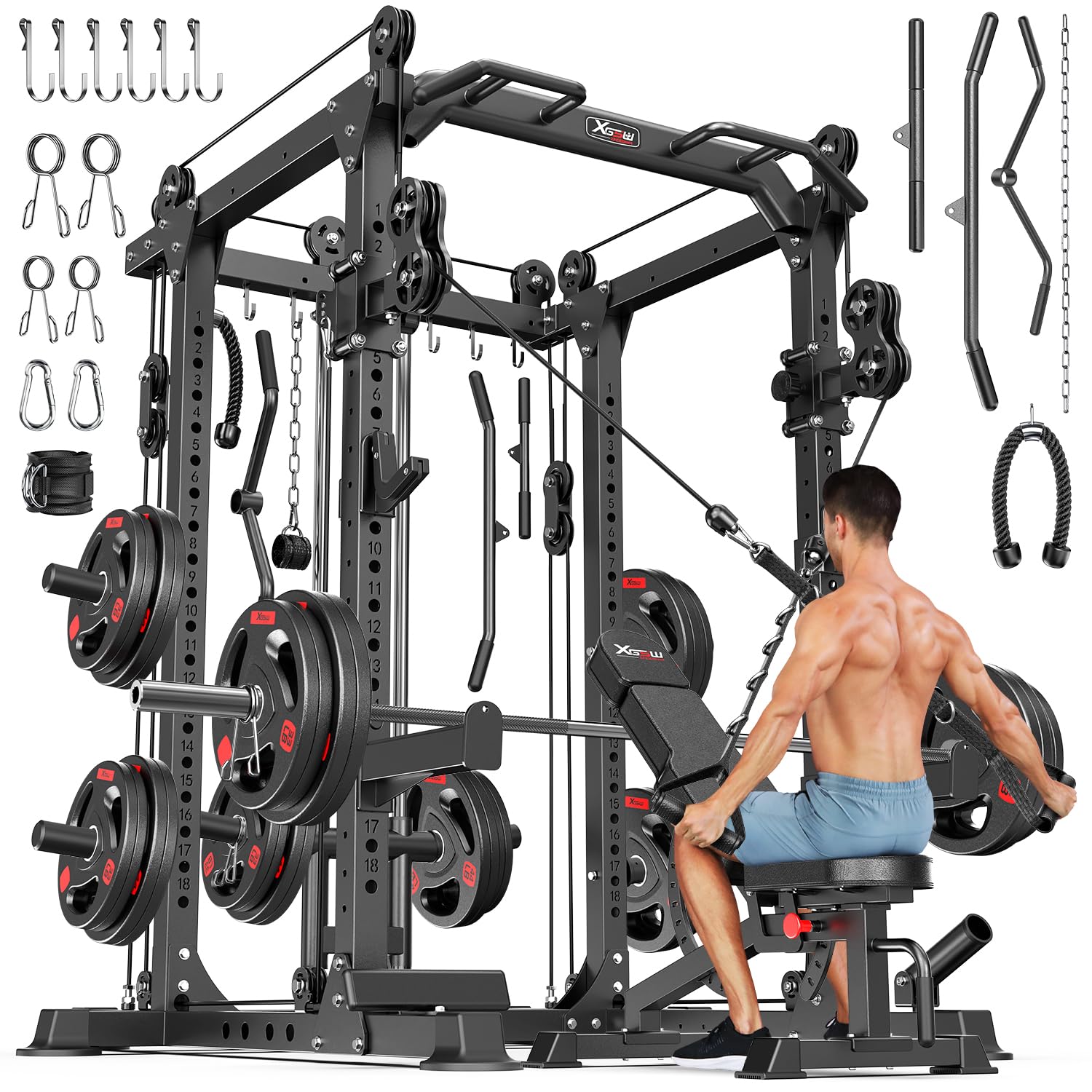 Power Cages Multi-Purpose Squat Rack with Cable Crossover System, Matching Weight Bench, Olympic Barbell Weight Set for Garage and Home Gyms