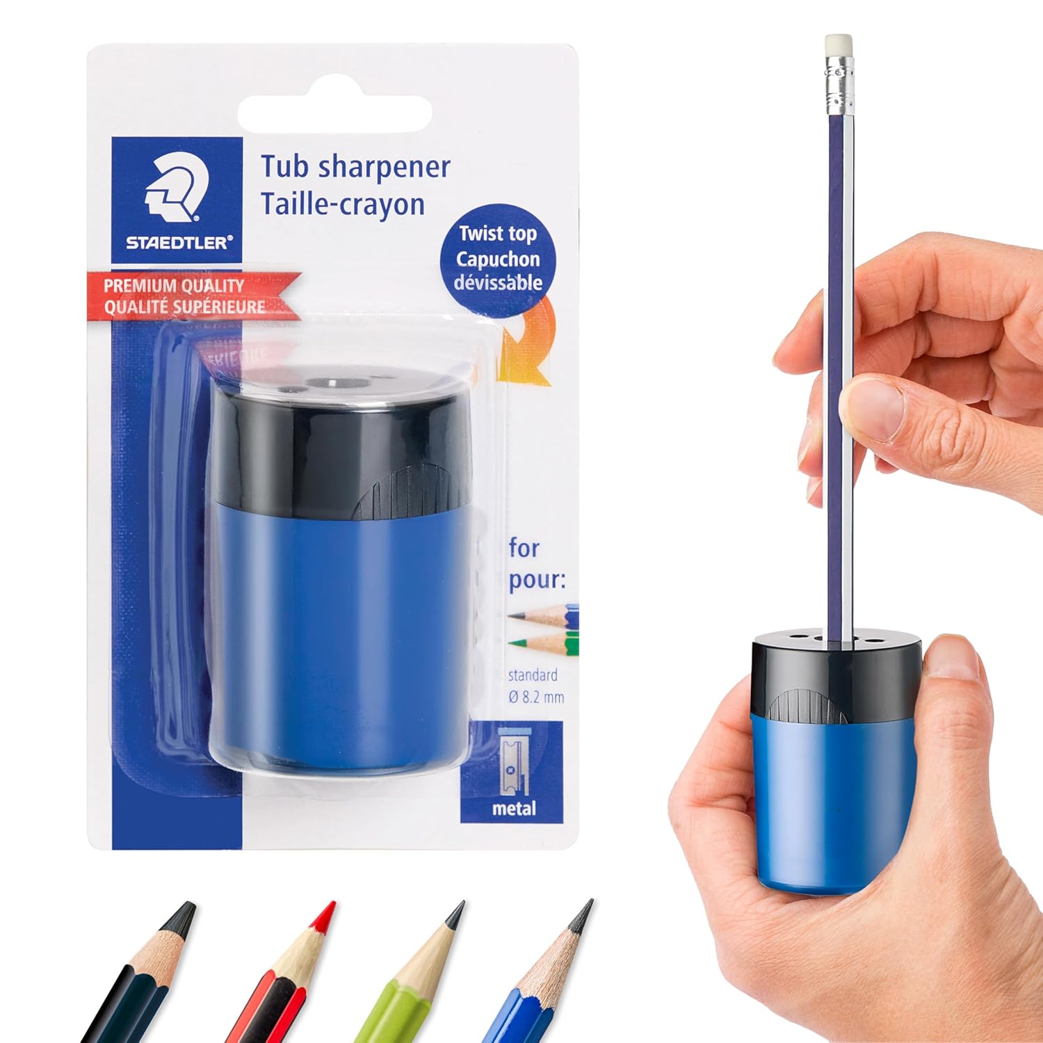 Staedtler Tub Pencil Sharpener 511 63BK - No Spill Screw Lid, Compact Metal Blade for Standard & Colored Pencils