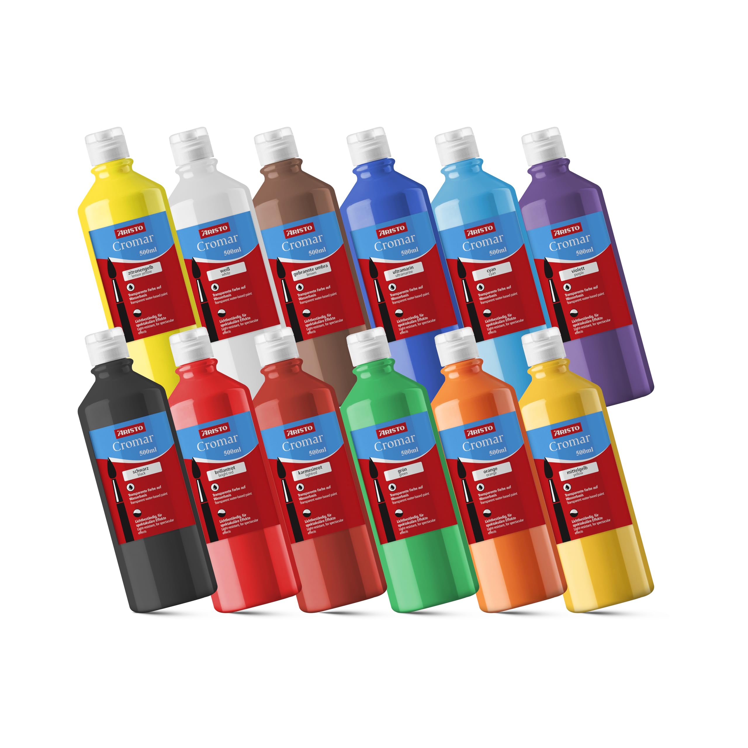 Aristo Acrylfarbe Cromar (Flüssigmalfarbe auf Wasserbasis, Inhalt: 12x 500 ml) Alle 12 Farben als Set