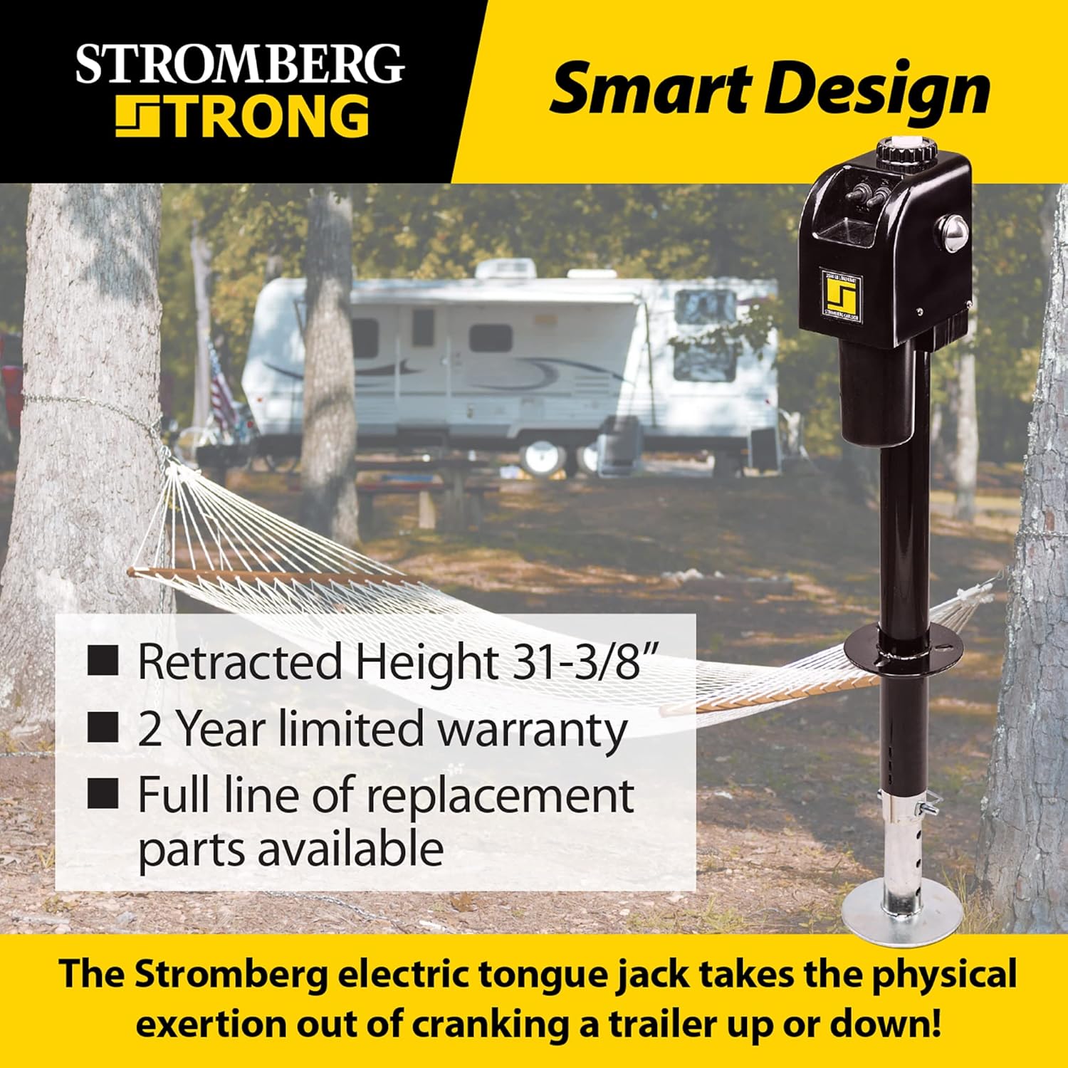Stromberg Carlson JET-3755 Electric Tongue Jack - Heavy Duty Jack with Motor Protection, 18" Travel & 5" Drop Down Leg, Stabilizing, Leveling & Lifting RV, Camper, Utility Trailers, Black, 3500 lb