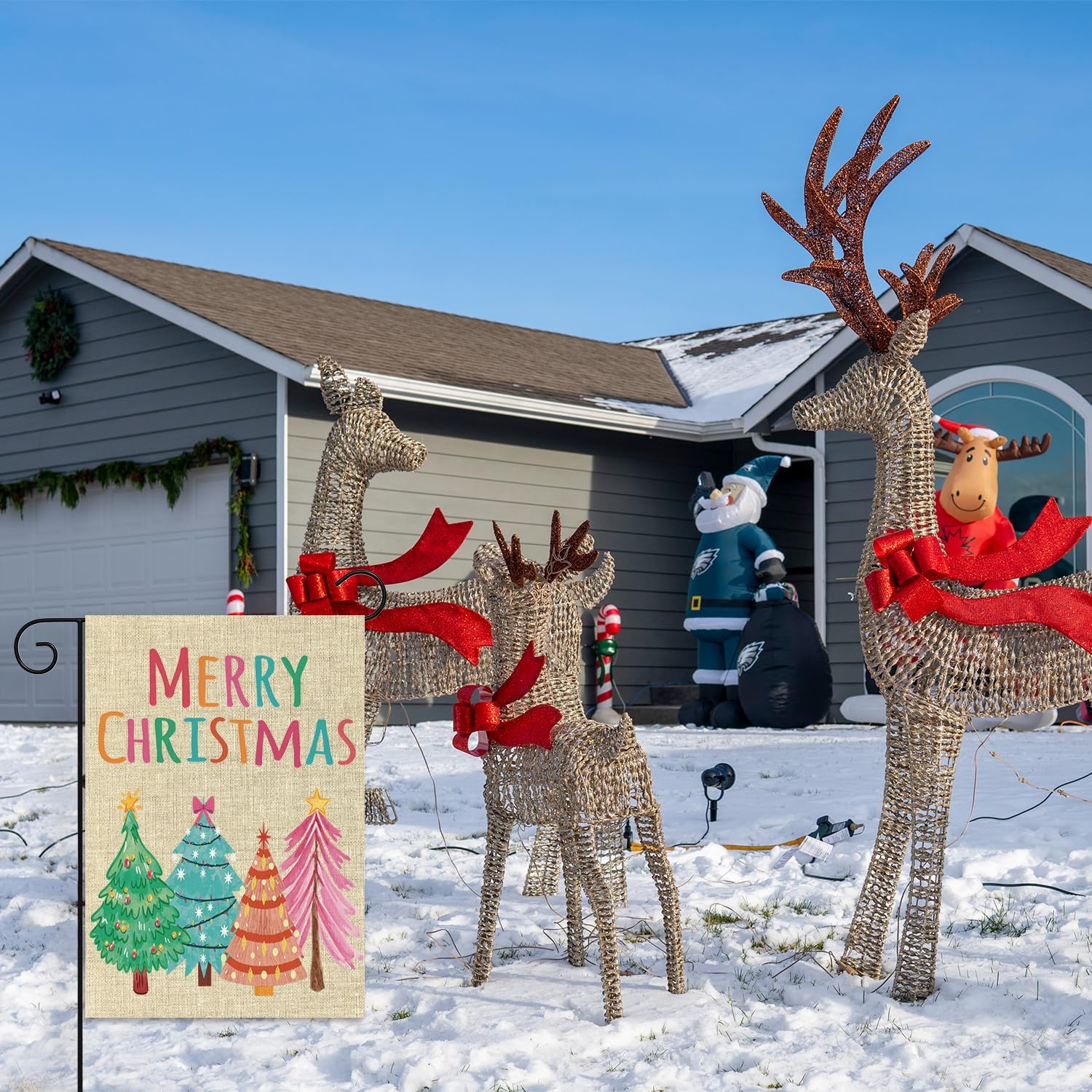 WATINC Merry Christmas Garden Flag - 12 x 18 Inch Colorful Double Sided Christmas Tree Decor for Outside, Pastel Winter Holiday Festive Welcome Sign Yard Outdoor Decorative for Lawn Party Supplies - Image 6