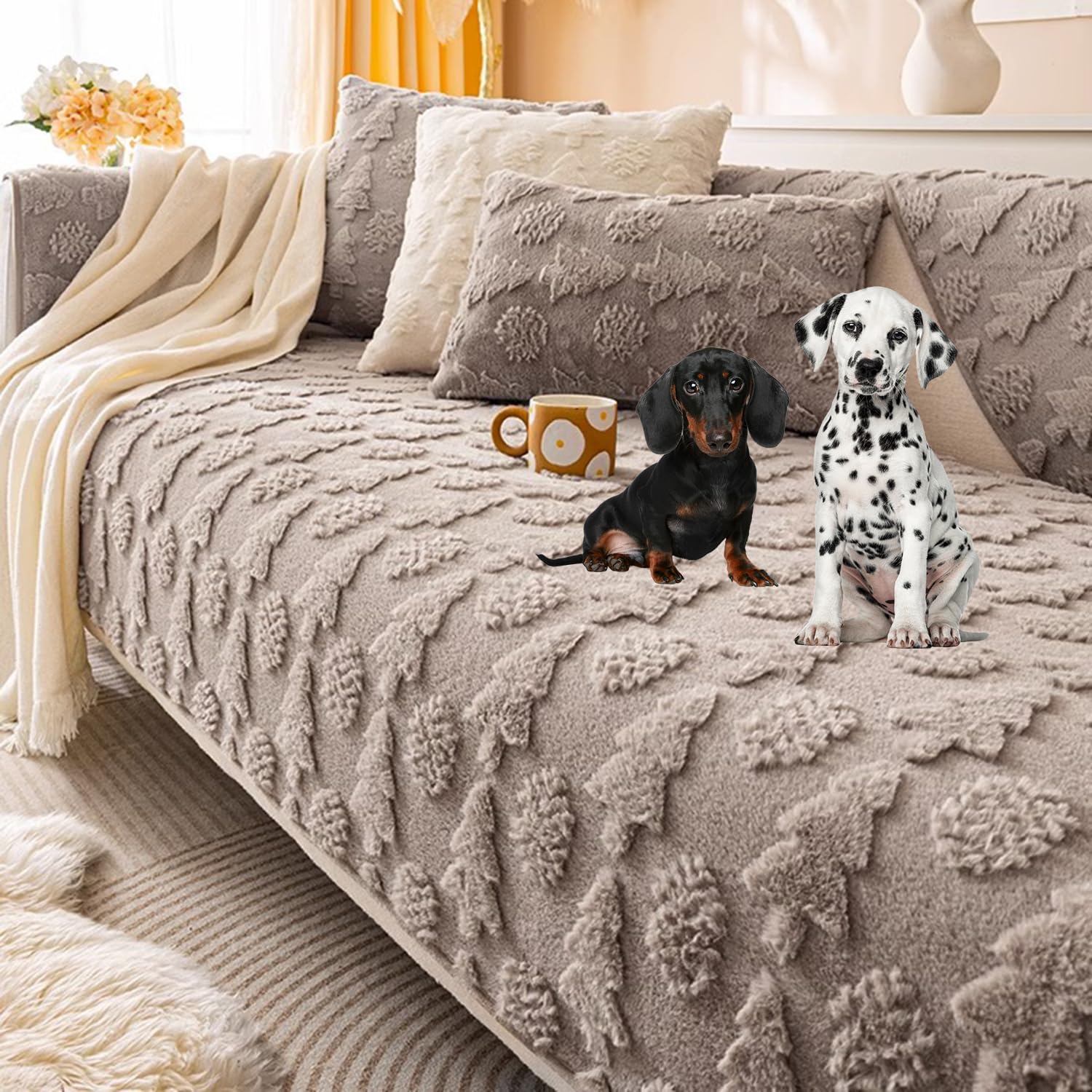 Housse de coussin canapé fausse fourrure grise 110x240cm antidérapante