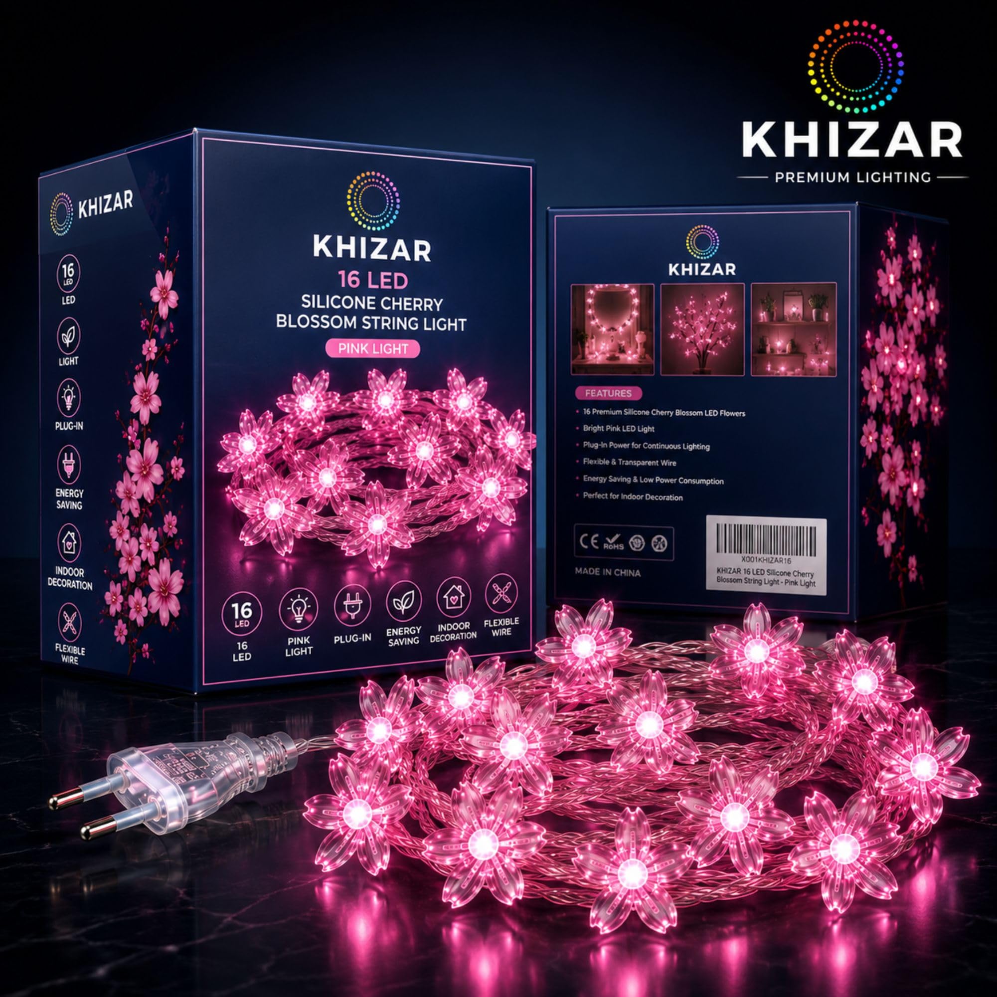 KHIZAR 16 LED Pink Silicone Flower String Light, Plug in Fairy Lights with Transparent Gel Wire for Bedroom, Wall, Mirror, Wedding, Diwali, Birthday, Party & Home Decoration 1