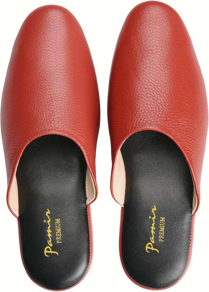 PAMIR Women's Genuine Full-Grain Leather Scuff Slippers | Buttery soft, Goatskin lining, Silent suede sole, Memory foam, Travel pouch