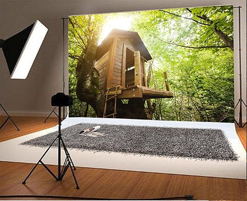 Miniatura 1 de Laeacco Fondo de vinilo de 7 x 5 pies, fondo de fotografía, casa de árbol de madera, tronco enorme, bosque tropical, verano, primavera, hojas