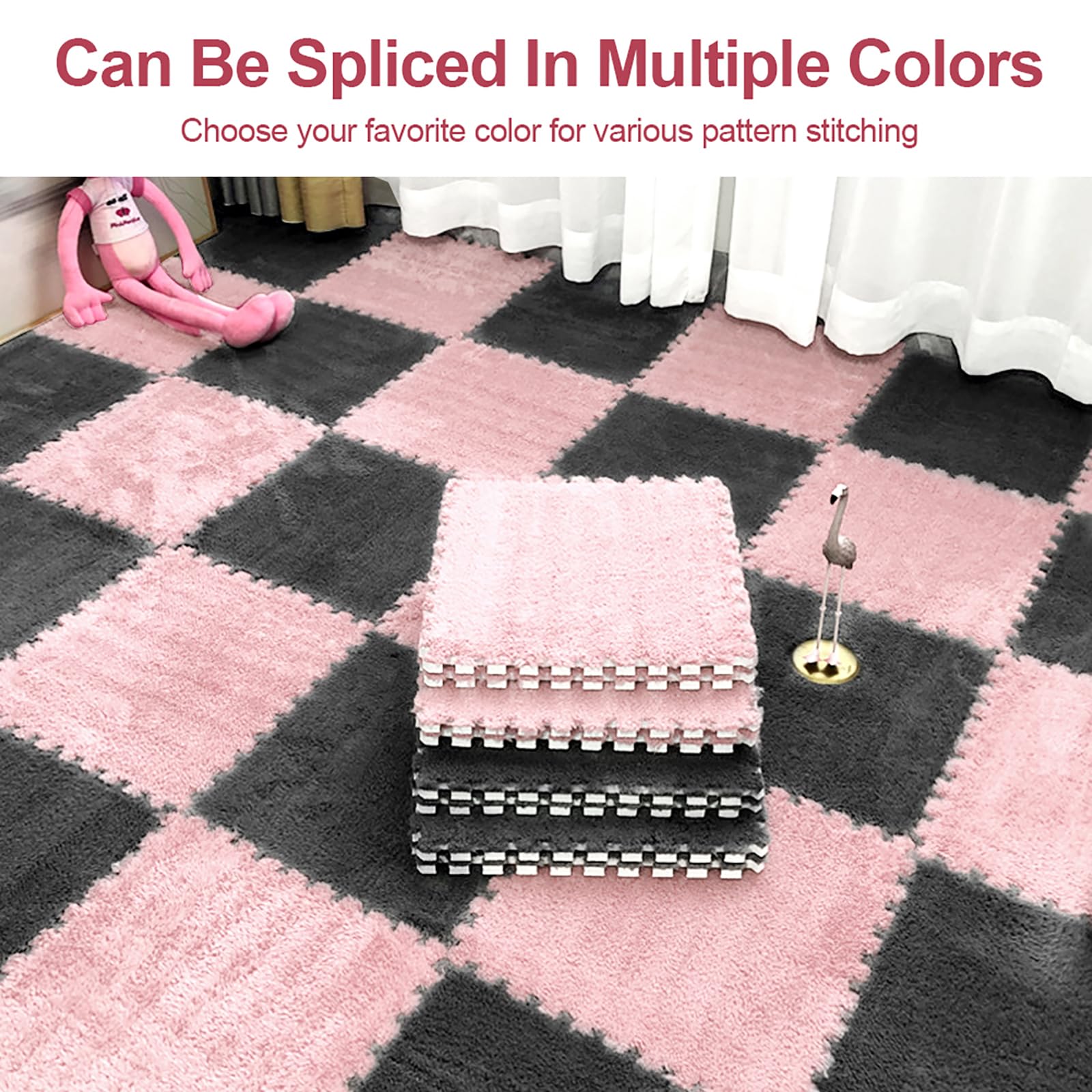 12 Pezzi Tappeto Puzzle in EVA, Tappeti Puzzle in Peluche Interconnessi, 30x30cm Tappeto Gioco Antiscivolo per Camera da Letto, Soggiorno e Cameretta Bambini (Rosa Chiaro)