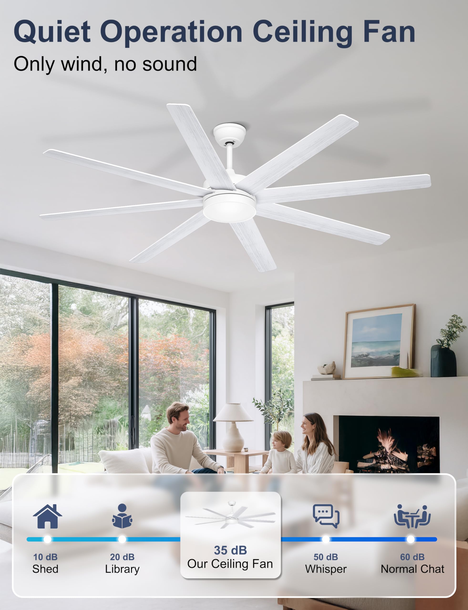 72 Inch Large Ceiling Fans with Lights 8 Blades White Ceiling Fan Remote APP Control Dimmable Reversible Big — view 7