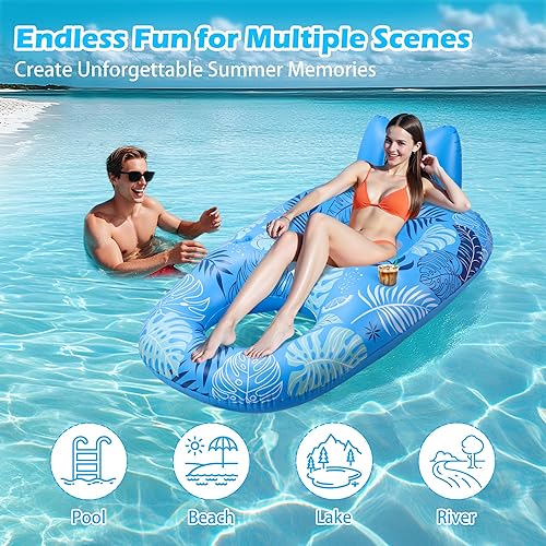 Miniatura 4 de JOSEN Inflatable Pool Float Adult, Pool Float Lounger Raft Floaties Water Floating Chair with Cup Holders Backrest & Footrest for Swimming Pool,