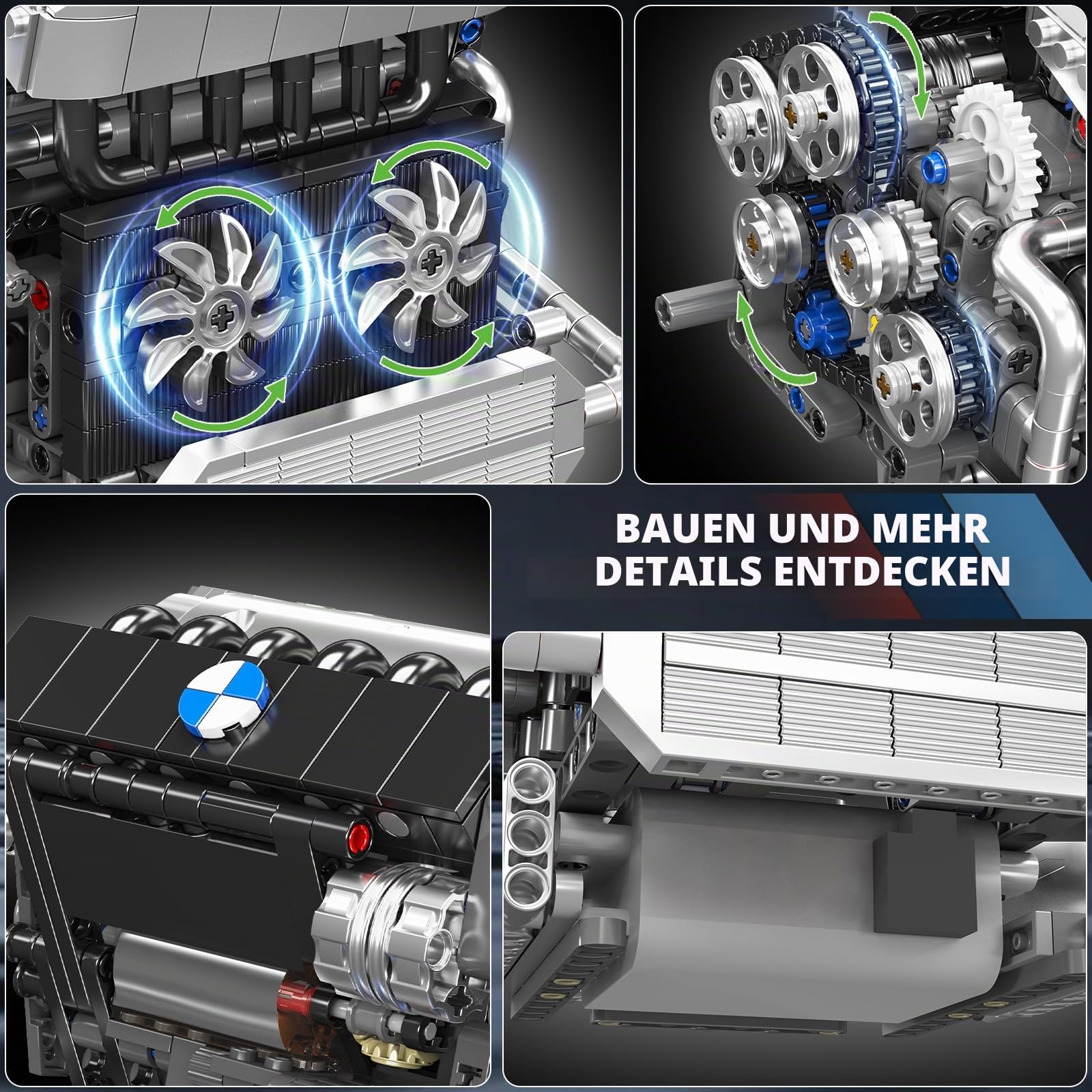 Mould King 10213 MOC Technik Motor-Modell，Baustein-Set eines Automobilmotors mit Elektromotor und Antriebsstruktur, Technologie Klemmbausteine Bausatz （744+Teile）
