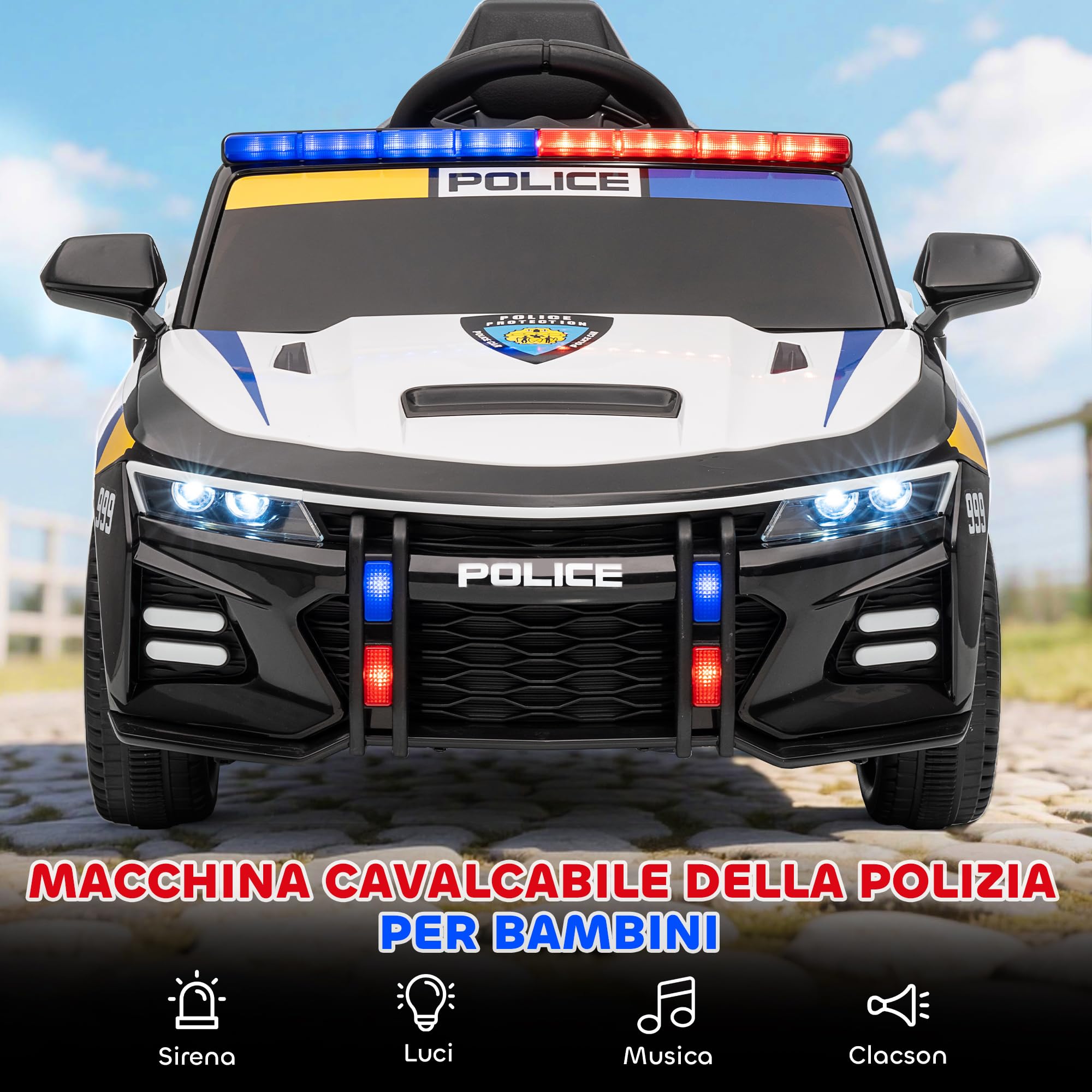 AIYAPLAY Macchina Elettrica della Polizia per Bambini 3-5 Anni 12V | Sirena e Luci, 3-7 km/h, Auto Elettrica per Bambini, 2 Motori, Sospensioni, Telecomando, USB, MP3, Musica e Clacson