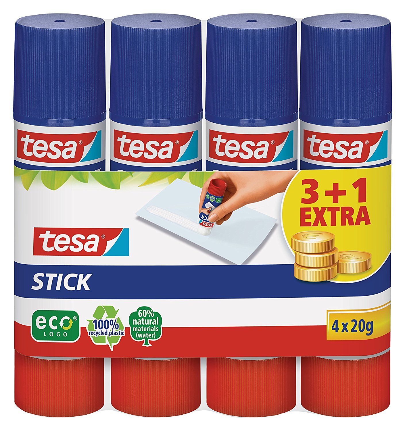 Tesa - Barra de pegamento, redonda, respetuosa con el medio ambiente, 4 unidades, 40 g, 20g, 1