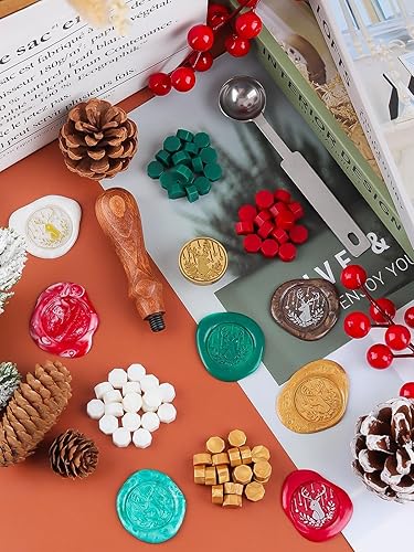 Miniatura 7 de Lanstics - Kit de sellos de cera de Navidad, cabeza de latón, 200 cuentas de cera de sellado en 4 colores, empuñadura de madera, cuchara de fusión,