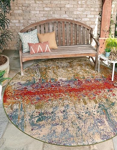 Unique Loom Outdoor Modern Collection - Alfombra arrugada (2 pies 7 pulgadas, redonda, multicolor y dorado)