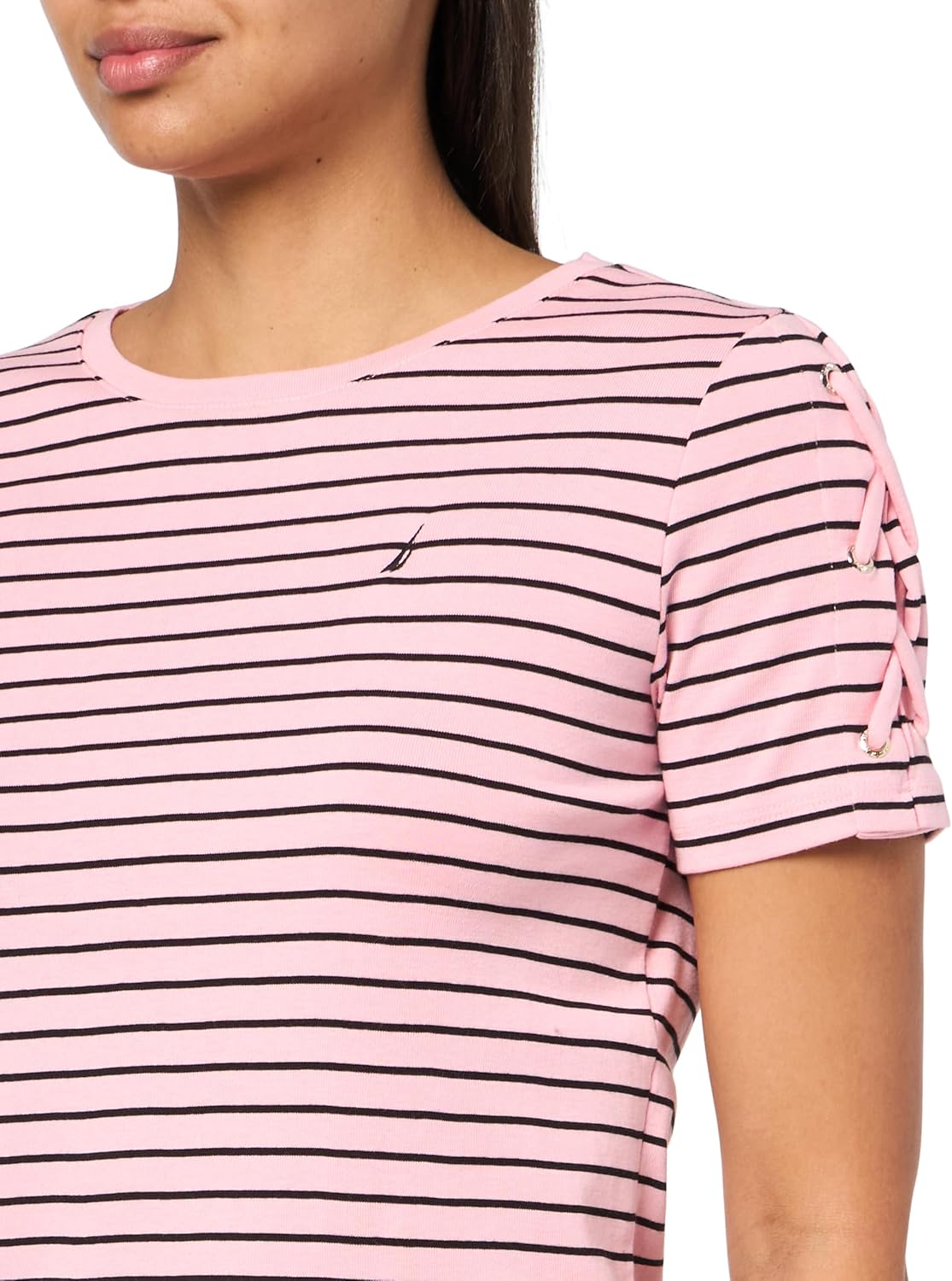 Nautica Womens T-Shirt Cotton Crewneck with Laceup Sleeve Detail - Image 3