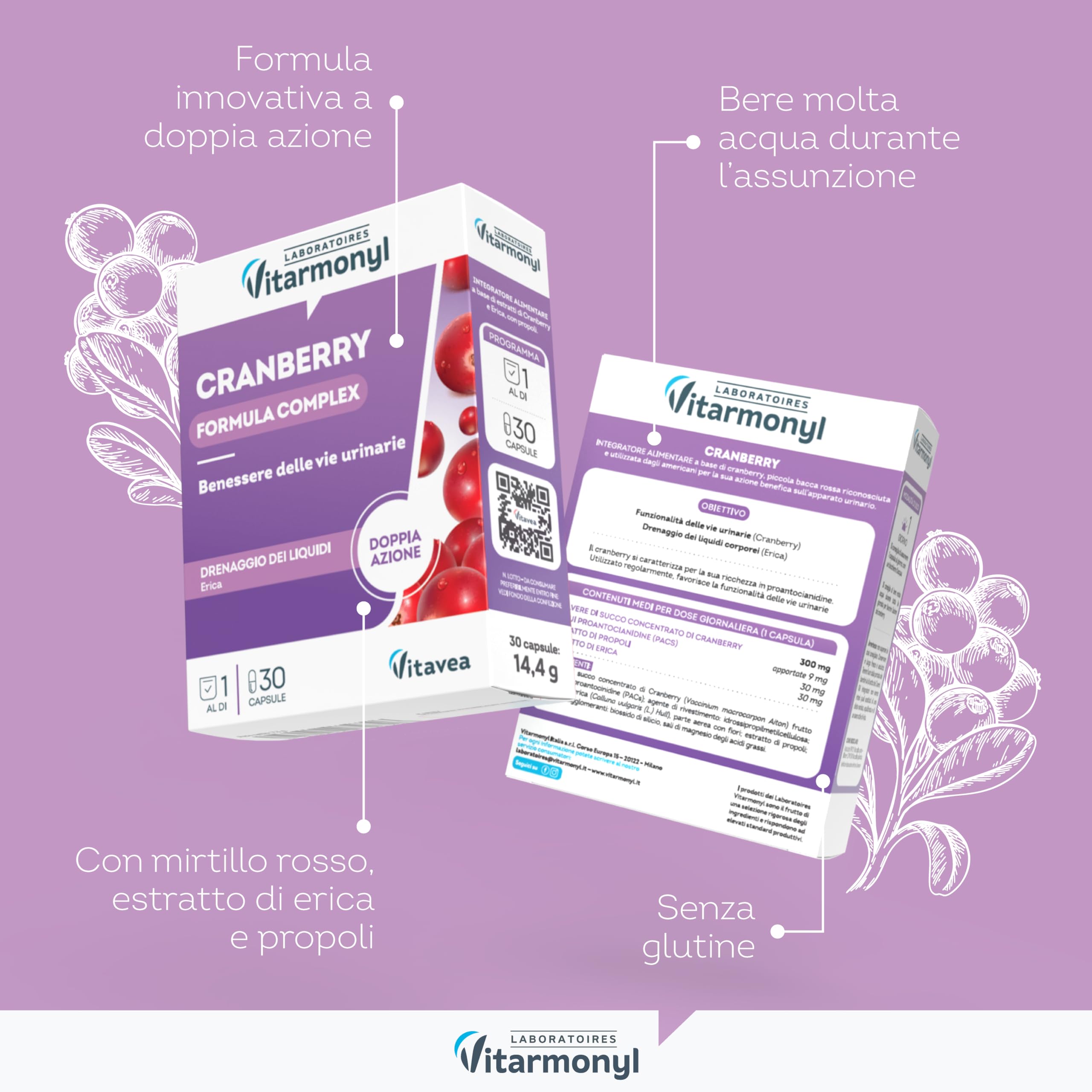 Vitarmonyl Nuova Formula Cranberry - Integratore Benessere Vie Urinarie - Alta Concetrazione in 1 Sola Capsula - Azione Drenante - Mirtillo Rosso e Erica - Cistite - 1 Mese di Trattamento