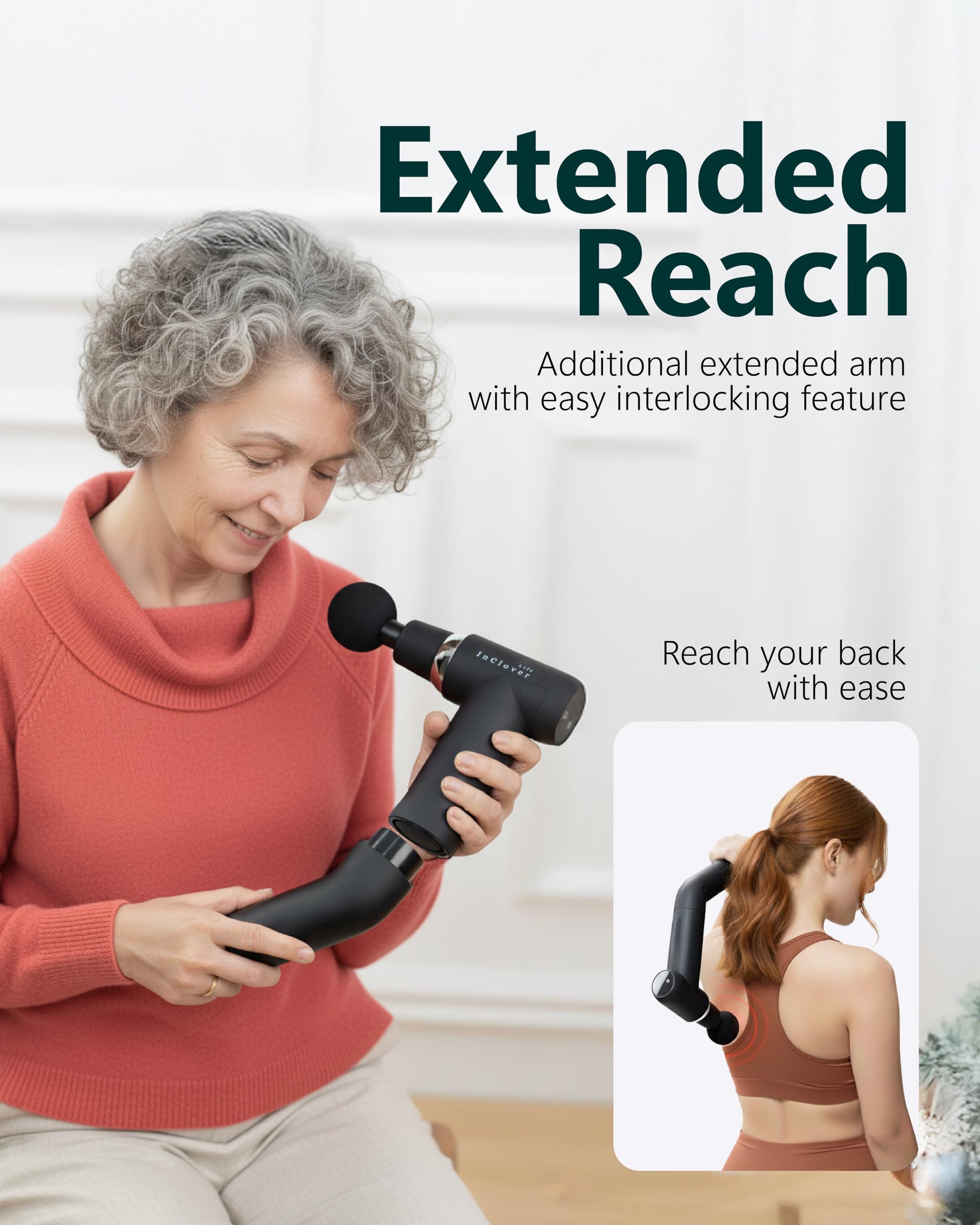 Massage Gun with Detachable Extension Handle for Deep Tissue Muscle Massage – Handheld Back & Shoulder Percussion Heated Massager for Men & Women. Professional Pain Relief Massage Tool.