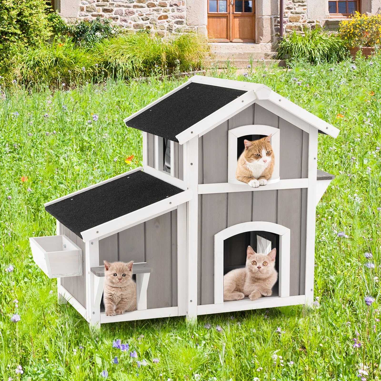 GOPLUS Casa para Gatos de 2 Niveles con Techo de Asfalto, Puertas de Escape, Plataforma, Cortinas de PVC para Interior y Exterior