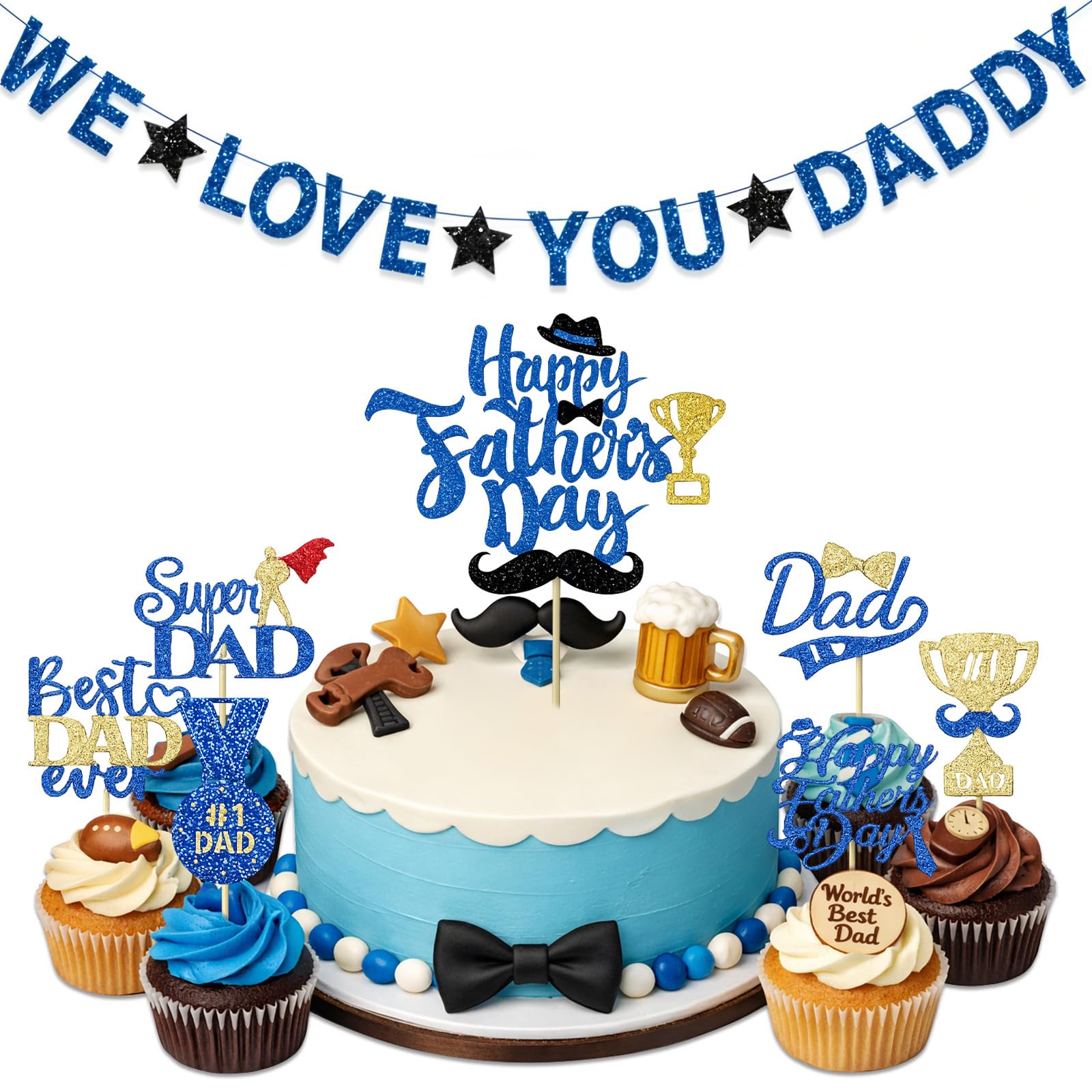 14PCS Happy Fathers Day Cupcake Toppers with Blue Banner Trophy We Love You Daddy #1 Dad Glitter We Love You Daddy Banner Fathers Day Cake Decorations fathers day Party Supplies Decoration Kit
